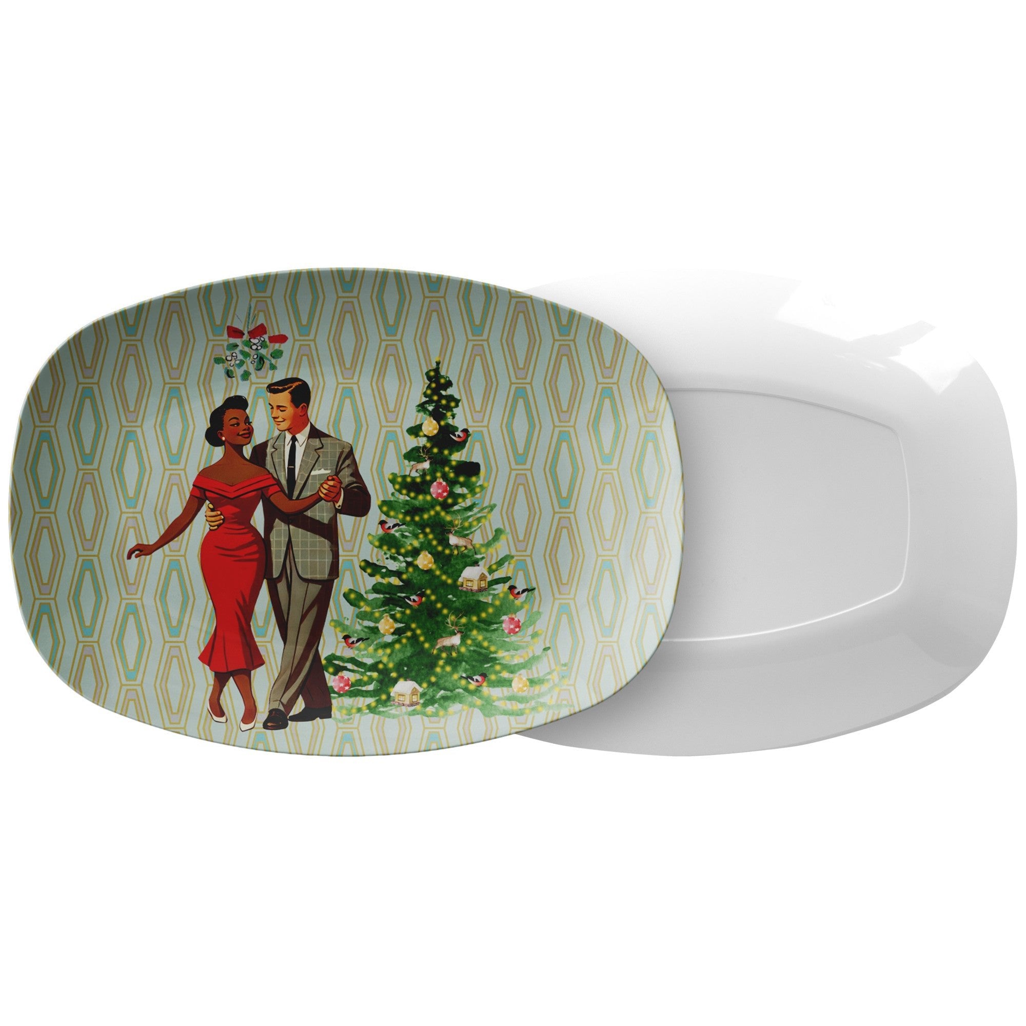 Kate McEnroe New York Mid Century Modern Mixed Race Couple Holiday Platter, Retro 50s Christmas Kitsch Tableware, Vintage Festive Serving TrayServing PlattersP23MXDRC5