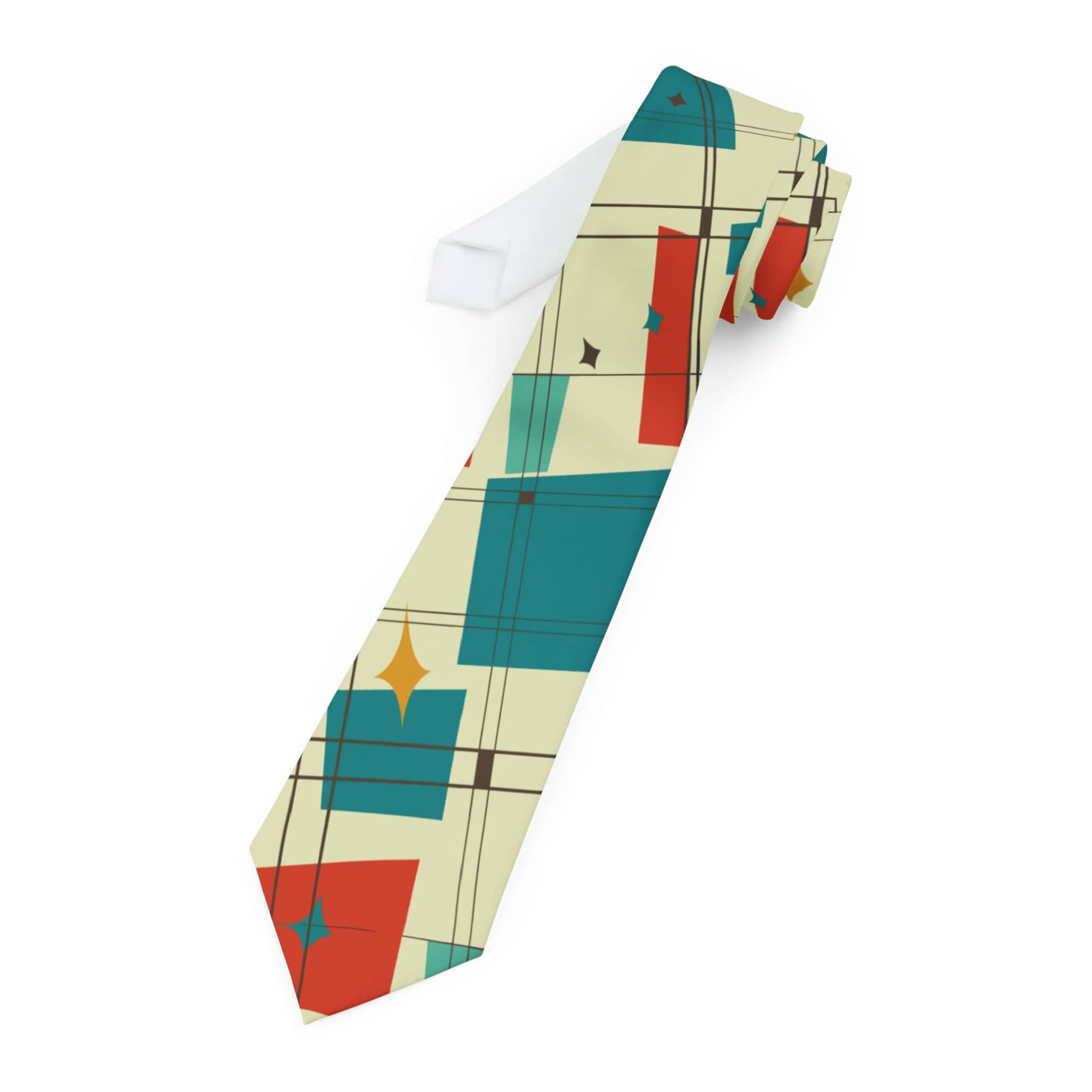 Kate McEnroe New York Mid Century Modern Necktie, Cream Teal Red Abstract Art Print, Vintage - Inspired Designer Men&