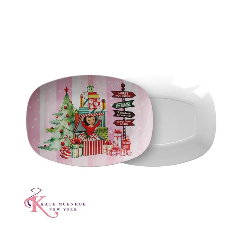 Kate McEnroe New York Mid Century Modern North Pole Christmas Platter, Retro Pink Vintage Kitsch Holiday Party ServewareServing PlattersPNP - PLT