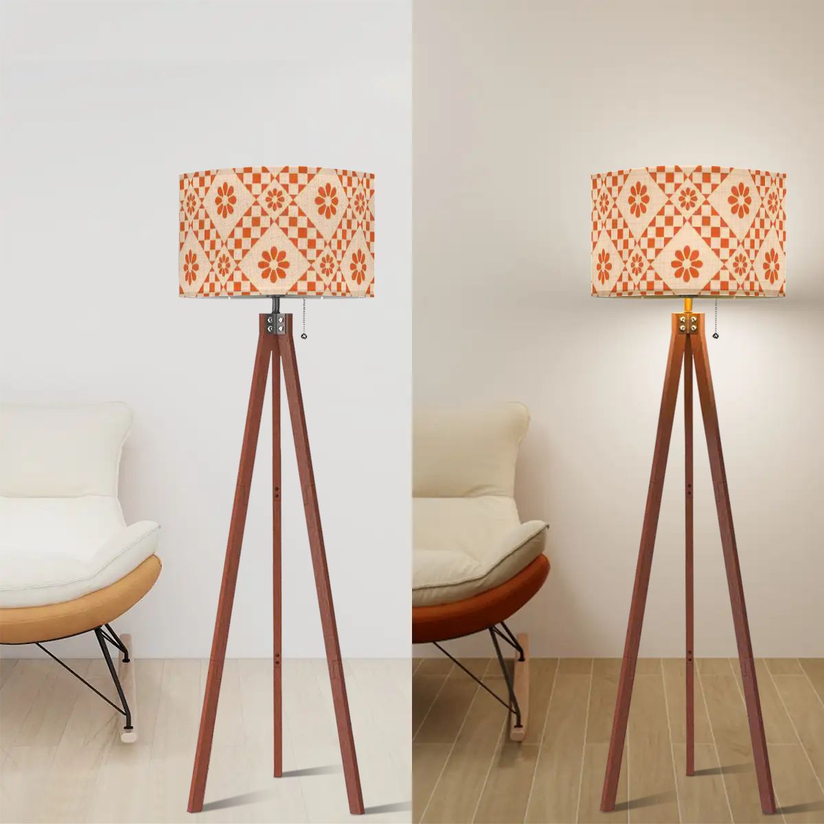 Kate McEnroe New York Mid Century Modern Orange Cream Checkered Tripod Floor Lamp, Retro 70s Drum ShadeTripod Floor LampsSm6tIqtYNE