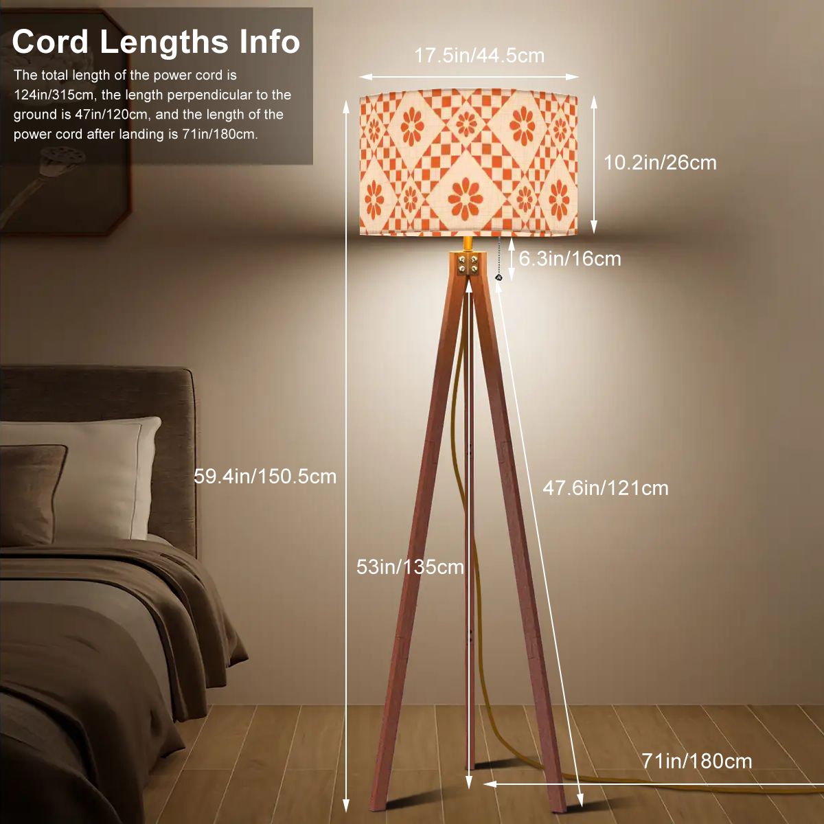 Kate McEnroe New York Mid Century Modern Orange Cream Checkered Tripod Floor Lamp, Retro 70s Drum ShadeTripod Floor LampsSm6tIqtYNE