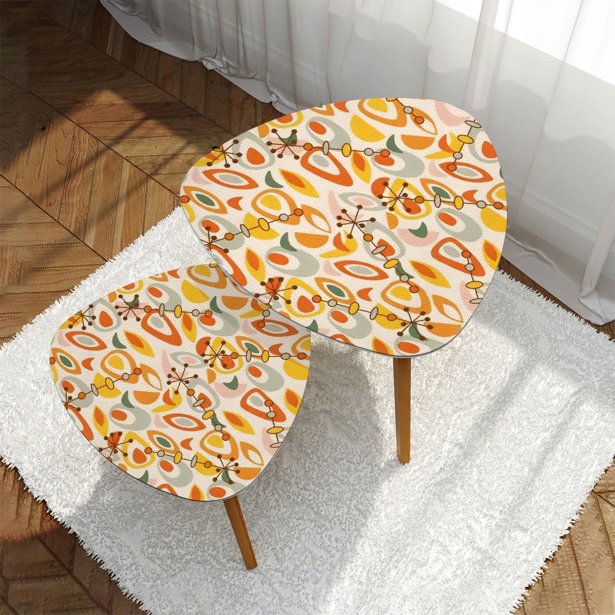 Kate McEnroe New York Mid Century Modern Orange Yellow Nesting Tables, Retro Boomerang Starburst Accent Furniture SetNesting TablesWoXzAZyHiY