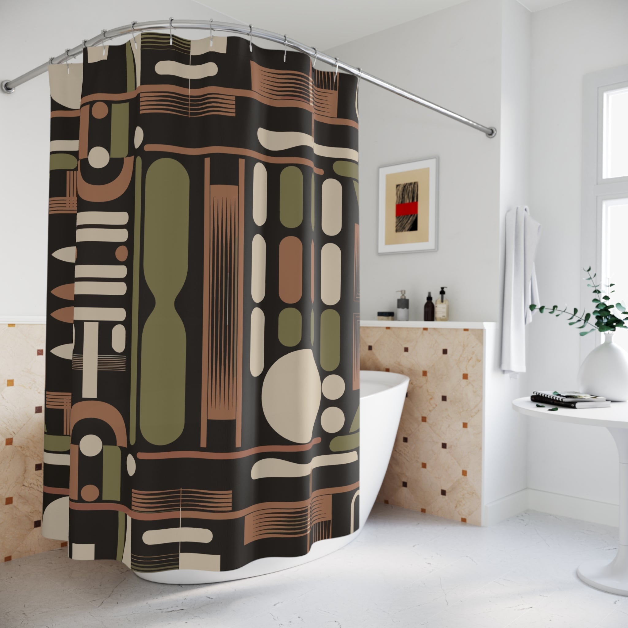 Kate McEnroe New York Mid Century Modern Retro 50s Abstract Geometric Black Olive Rust Shower CurtainShower Curtains12291971046701020100