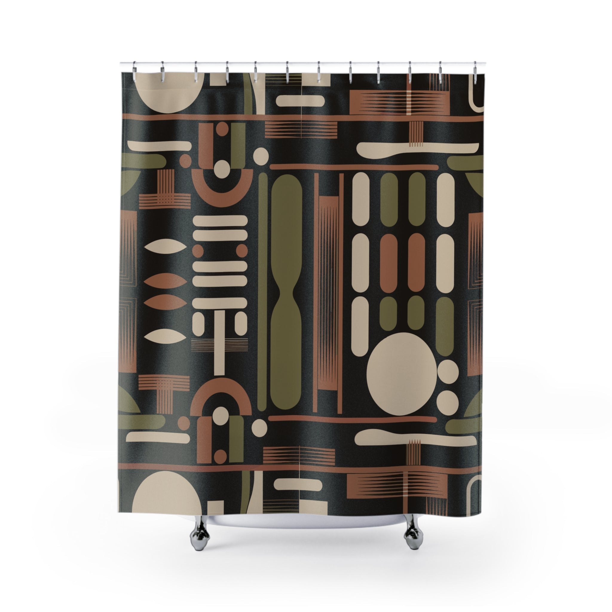 Kate McEnroe New York Mid Century Modern Retro 50s Abstract Geometric Black Olive Rust Shower CurtainShower Curtains12291971046701020100