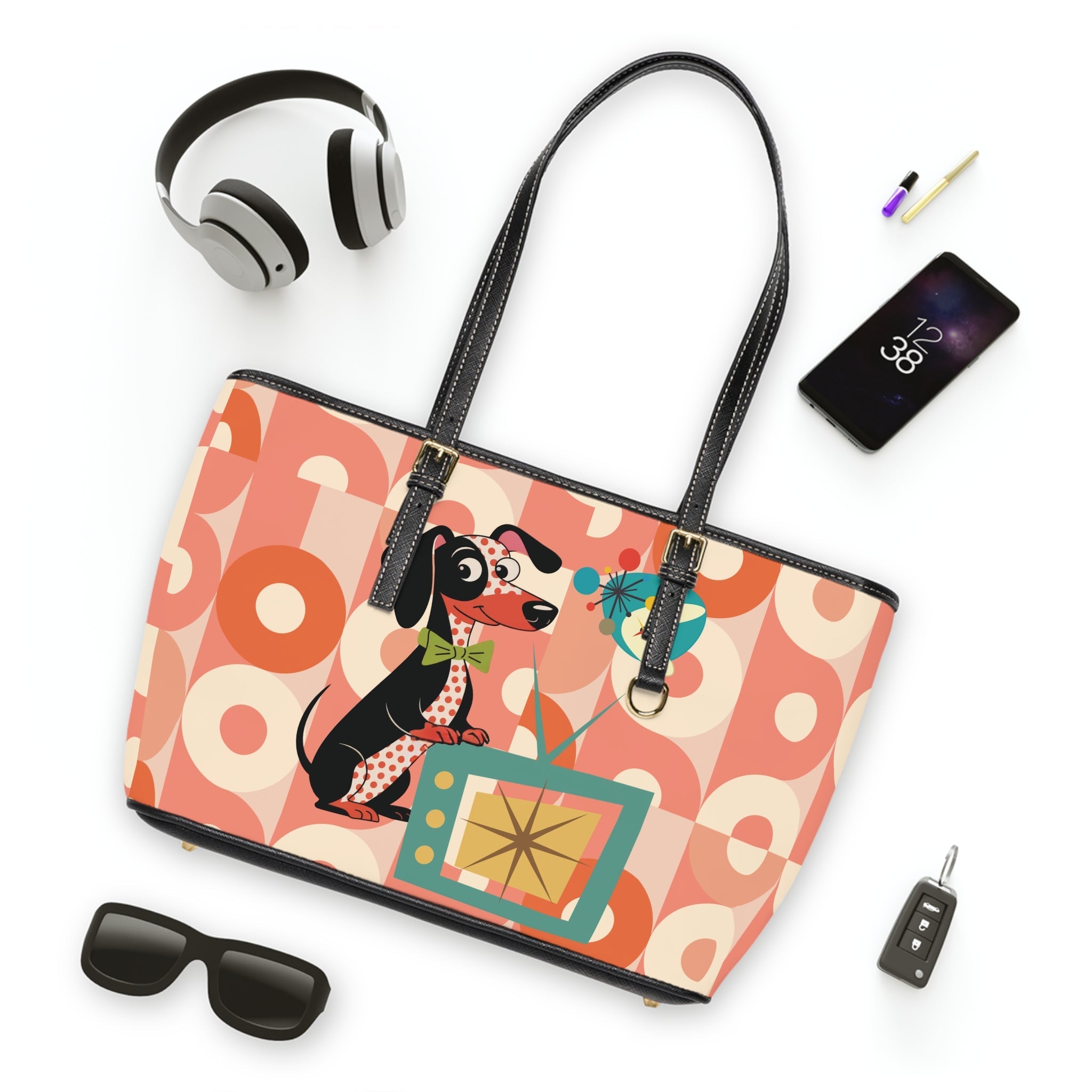 Kate McEnroe New York Mid Century Modern Retro Atomic Dachshund Tote, MCM Dog Lover Handbag, 50s Kitsch Mod TV PurseTotes26613234236243769251
