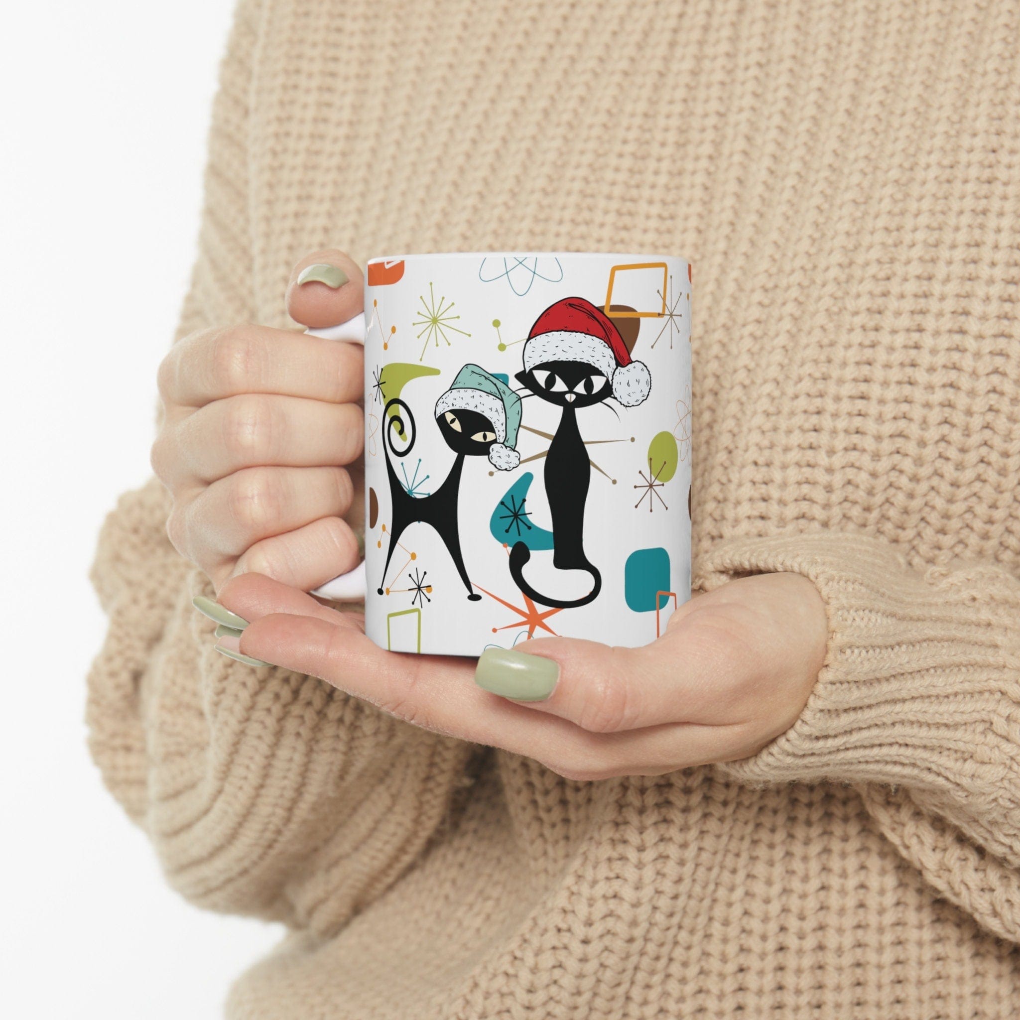 Kate McEnroe New York Mid Century Modern Retro Christmas Atomic Cat Mug, MCM Kitschy Boomerang Starburst Holiday DrinkwareMugs31064748247790904443