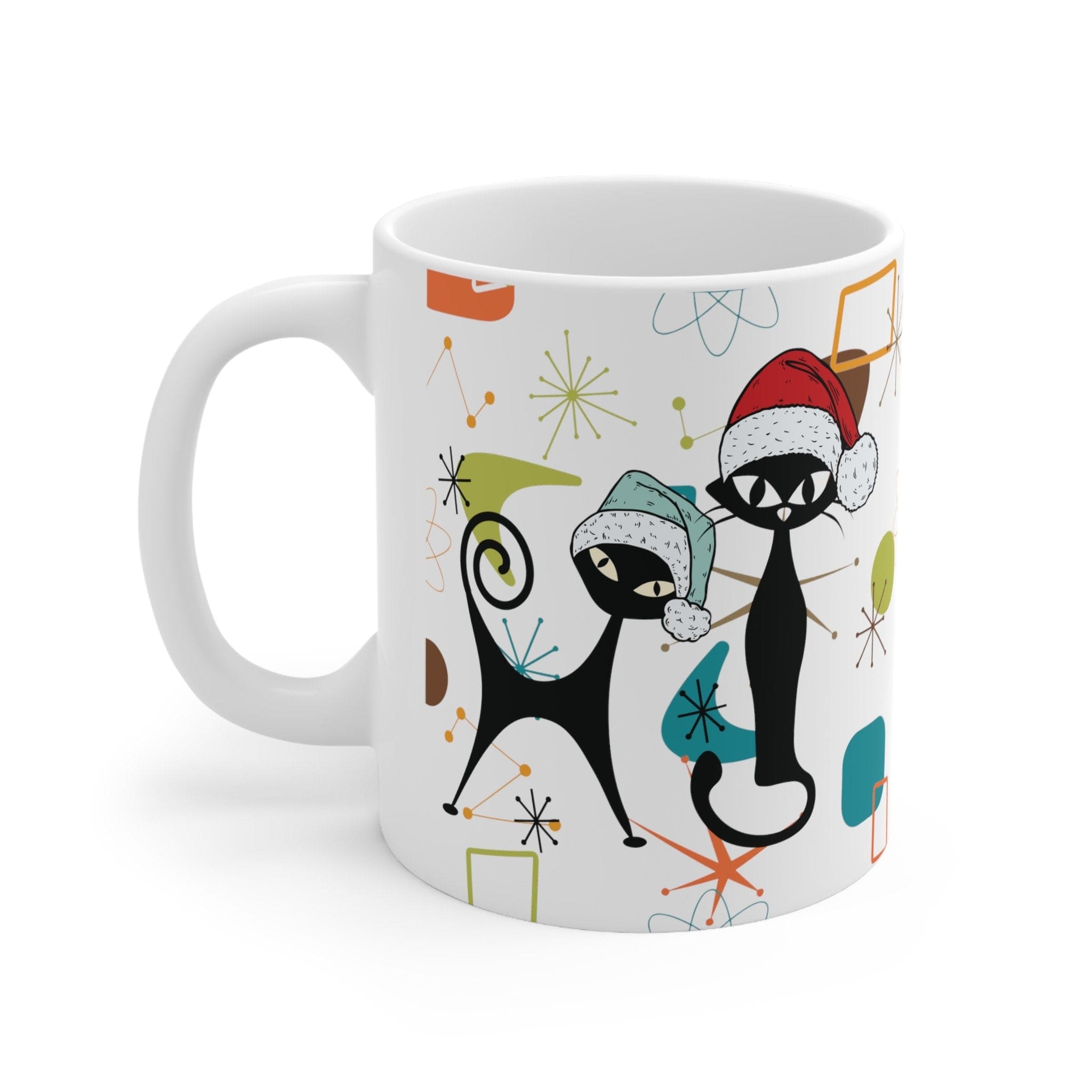 Kate McEnroe New York Mid Century Modern Retro Christmas Atomic Cat Mug, MCM Kitschy Boomerang Starburst Holiday DrinkwareMugs31064748247790904443