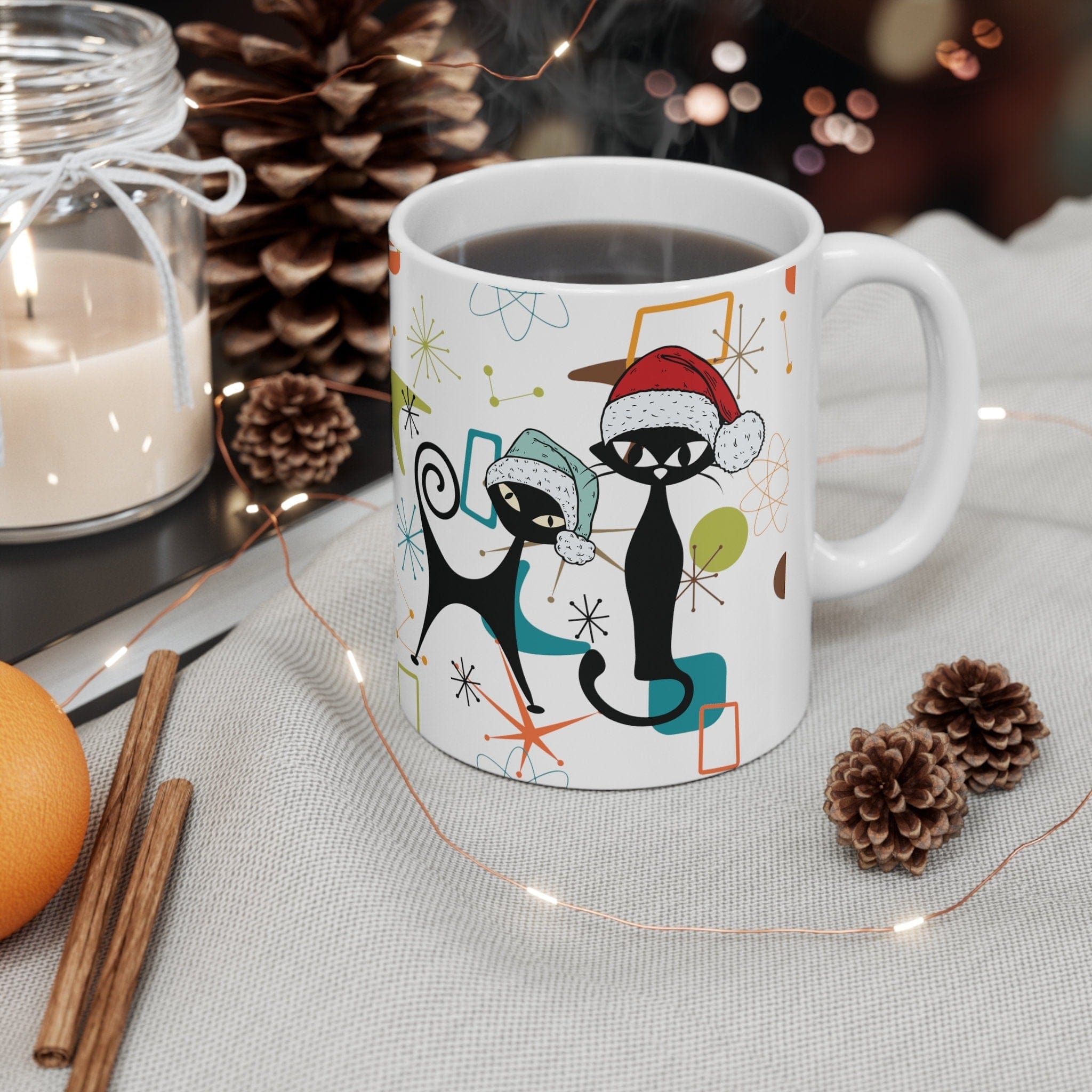 Kate McEnroe New York Mid Century Modern Retro Christmas Atomic Cat Mug, MCM Kitschy Boomerang Starburst Holiday DrinkwareMugs31064748247790904443
