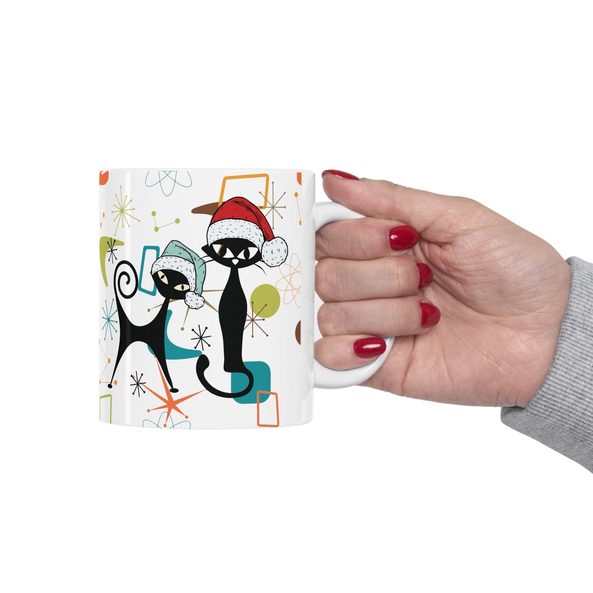 Kate McEnroe New York Mid Century Modern Retro Christmas Atomic Cat Mug, MCM Kitschy Boomerang Starburst Holiday DrinkwareMugs31064748247790904443