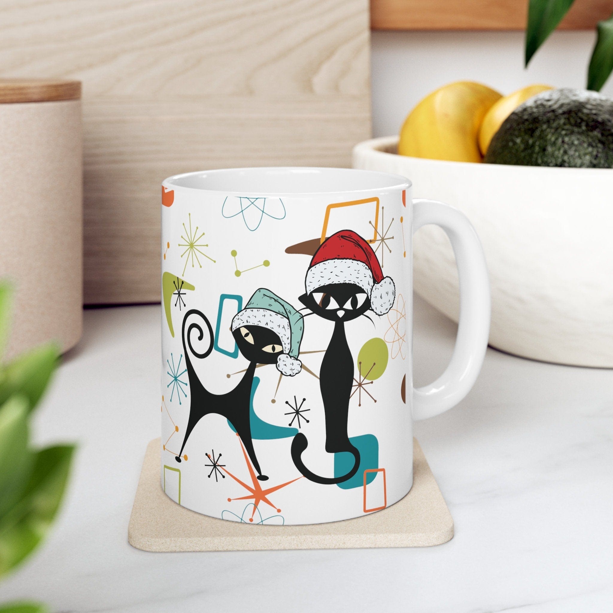 Kate McEnroe New York Mid Century Modern Retro Christmas Atomic Cat Mug, MCM Kitschy Boomerang Starburst Holiday DrinkwareMugs31064748247790904443