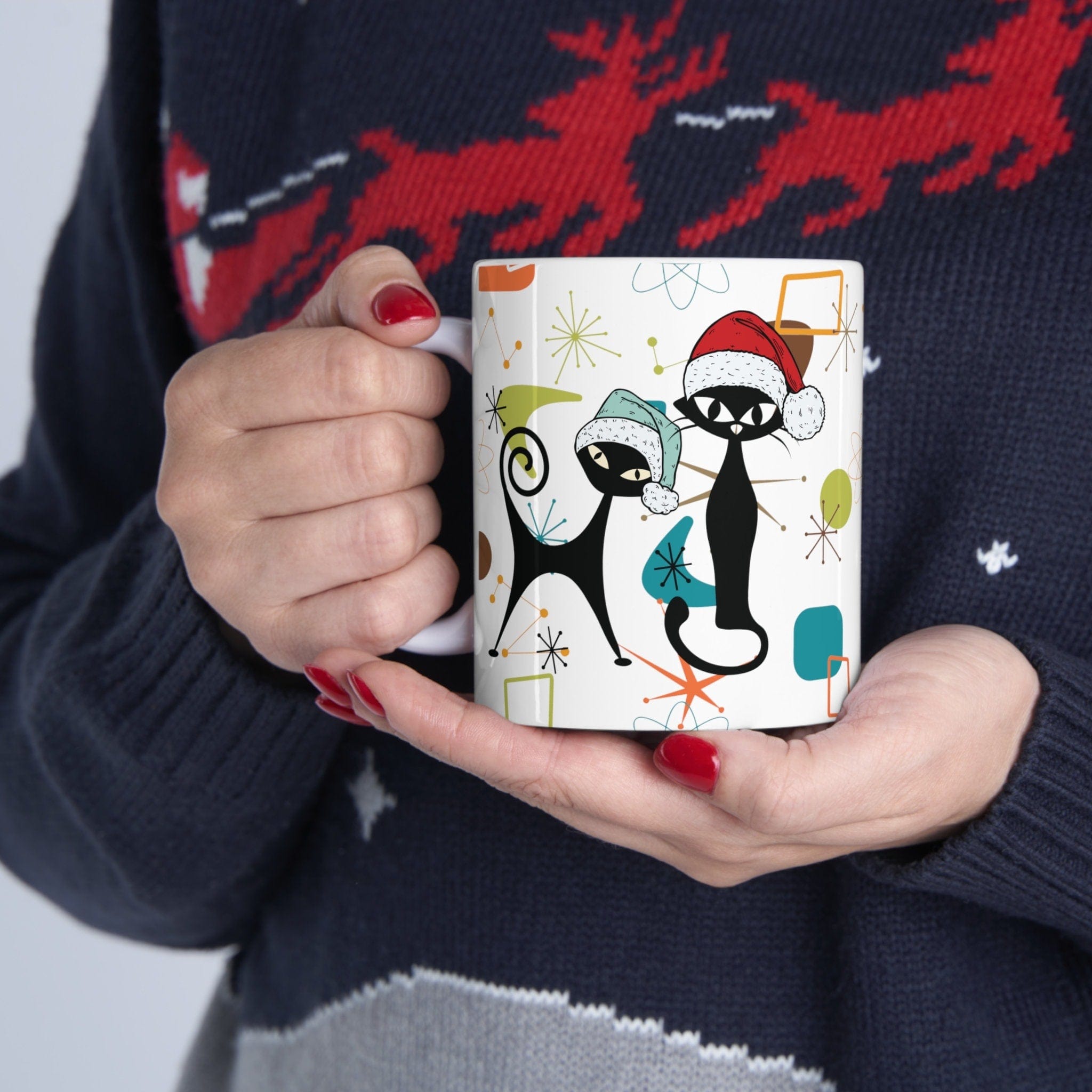 Kate McEnroe New York Mid Century Modern Retro Christmas Atomic Cat Mug, MCM Kitschy Boomerang Starburst Holiday DrinkwareMugs31064748247790904443