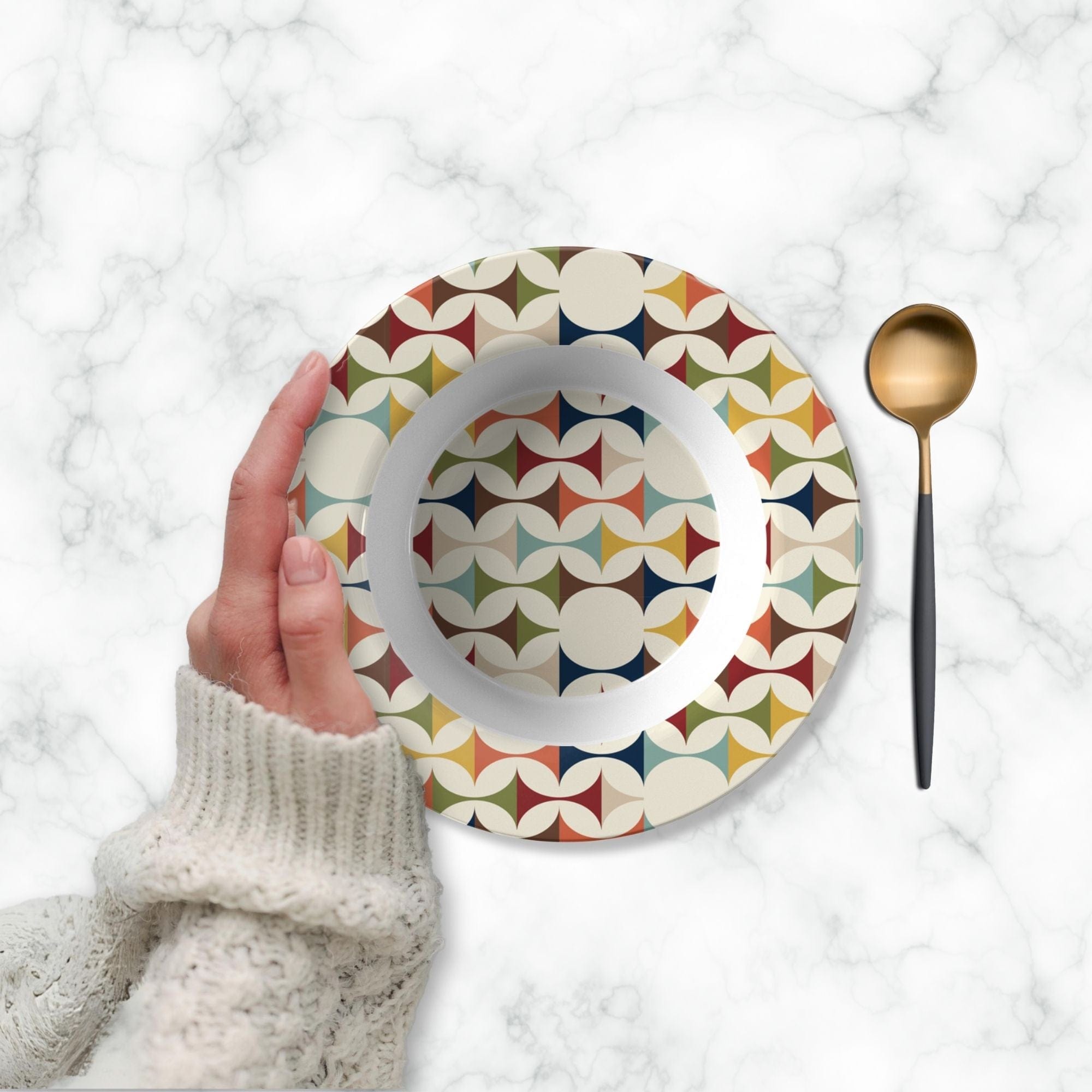 Kate McEnroe New York Mid Century Modern Retro Geometric Bowl, 50s MCM Cream, Teal, Mustard, and Rust DinnerwareBowls9609