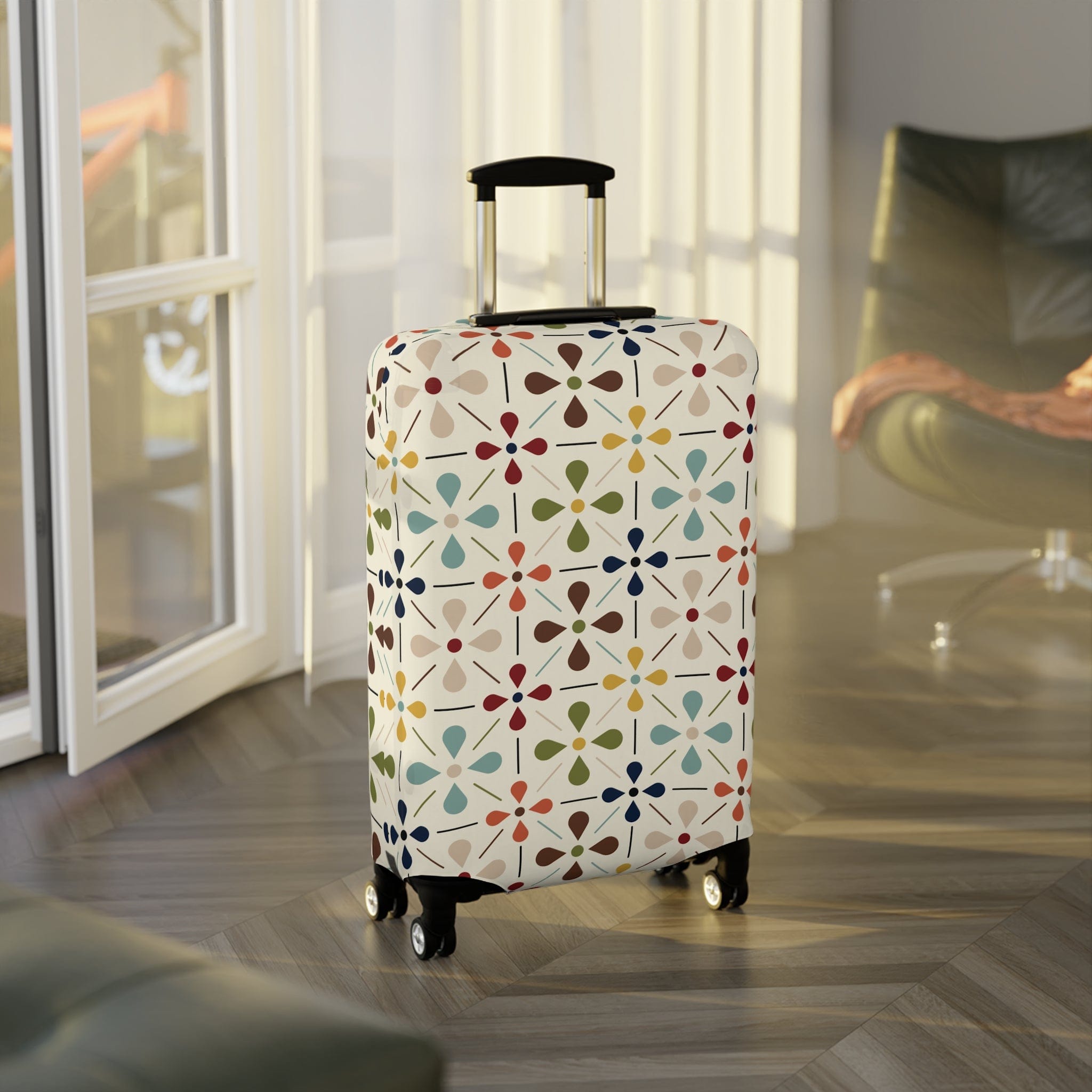 Kate McEnroe New York Mid Century Modern Retro Geometric Luggage Cover, 50s MCM Cream, Teal, Mustard, and Rust Suitcase ProtectorLuggage Covers25748675282121575391