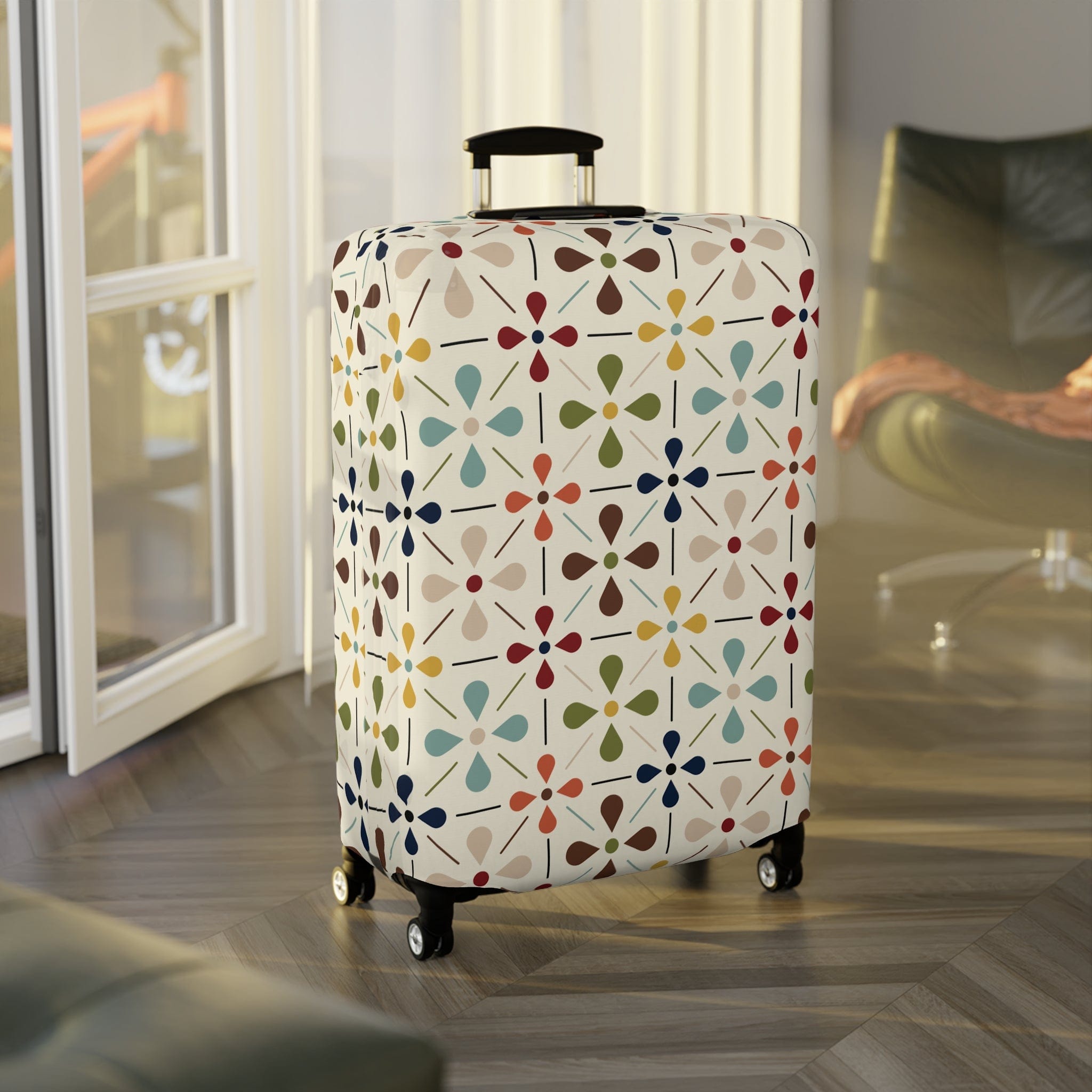 Kate McEnroe New York Mid Century Modern Retro Geometric Luggage Cover, 50s MCM Cream, Teal, Mustard, and Rust Suitcase ProtectorLuggage Covers25748675282121575391