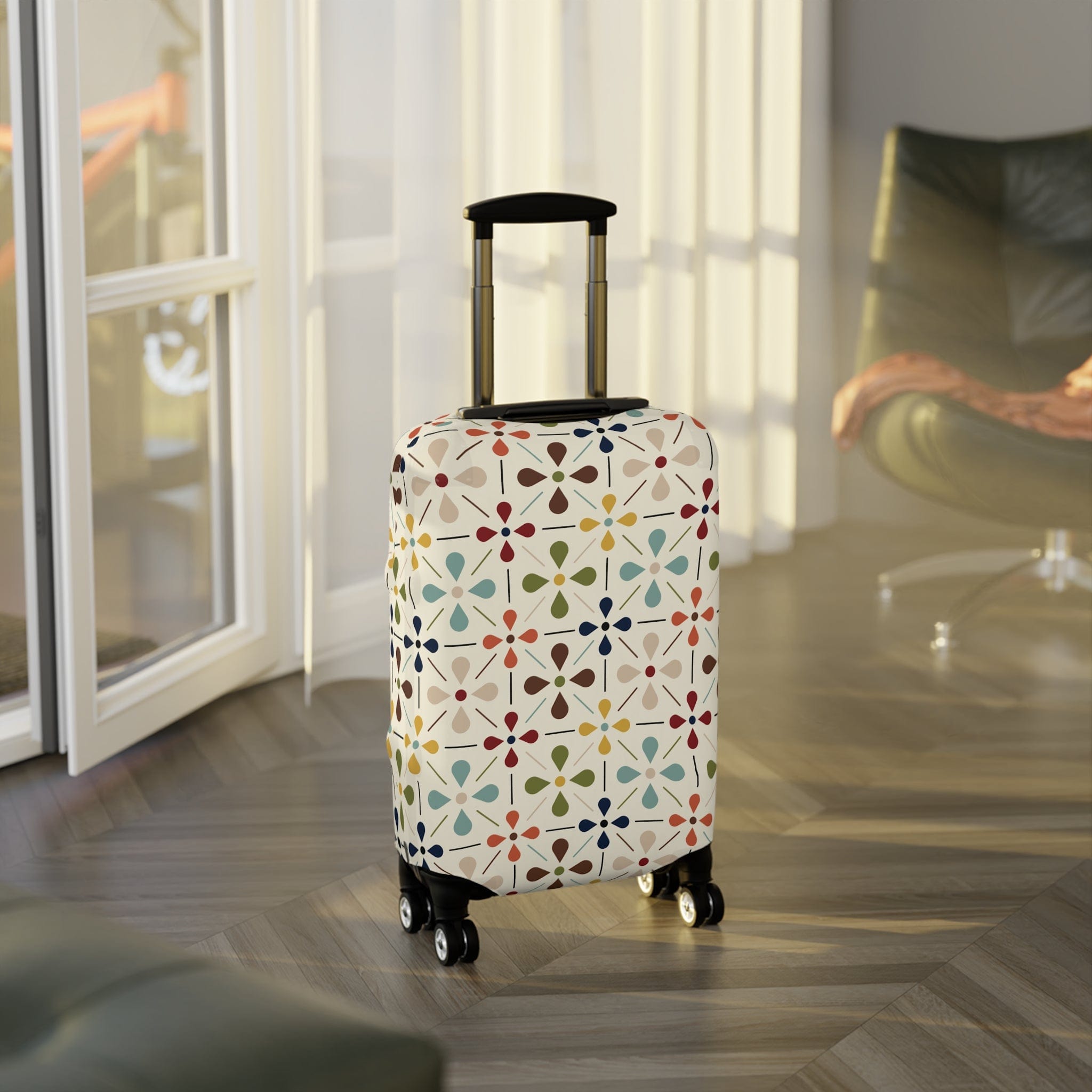 Kate McEnroe New York Mid Century Modern Retro Geometric Luggage Cover, 50s MCM Cream, Teal, Mustard, and Rust Suitcase ProtectorLuggage Covers25748675282121575391