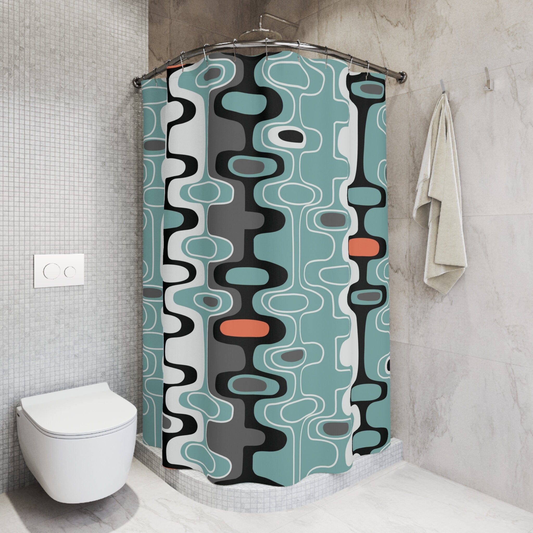 Kate McEnroe New York Mid Century Modern Retro Geometric Shower Curtain, MCM Abstract Oval Bathroom Curtain, Housewarming Gift, Bathroom DecorShower CurtainsS40 - BLU - BLA - 7X7