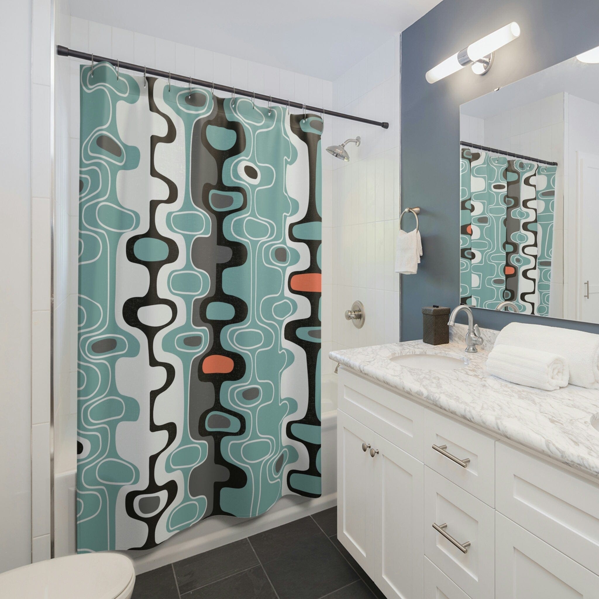 Kate McEnroe New York Mid Century Modern Retro Geometric Shower Curtain, MCM Abstract Oval Bathroom Curtain, Housewarming Gift, Bathroom DecorShower CurtainsS40 - BLU - BLA - 7X7