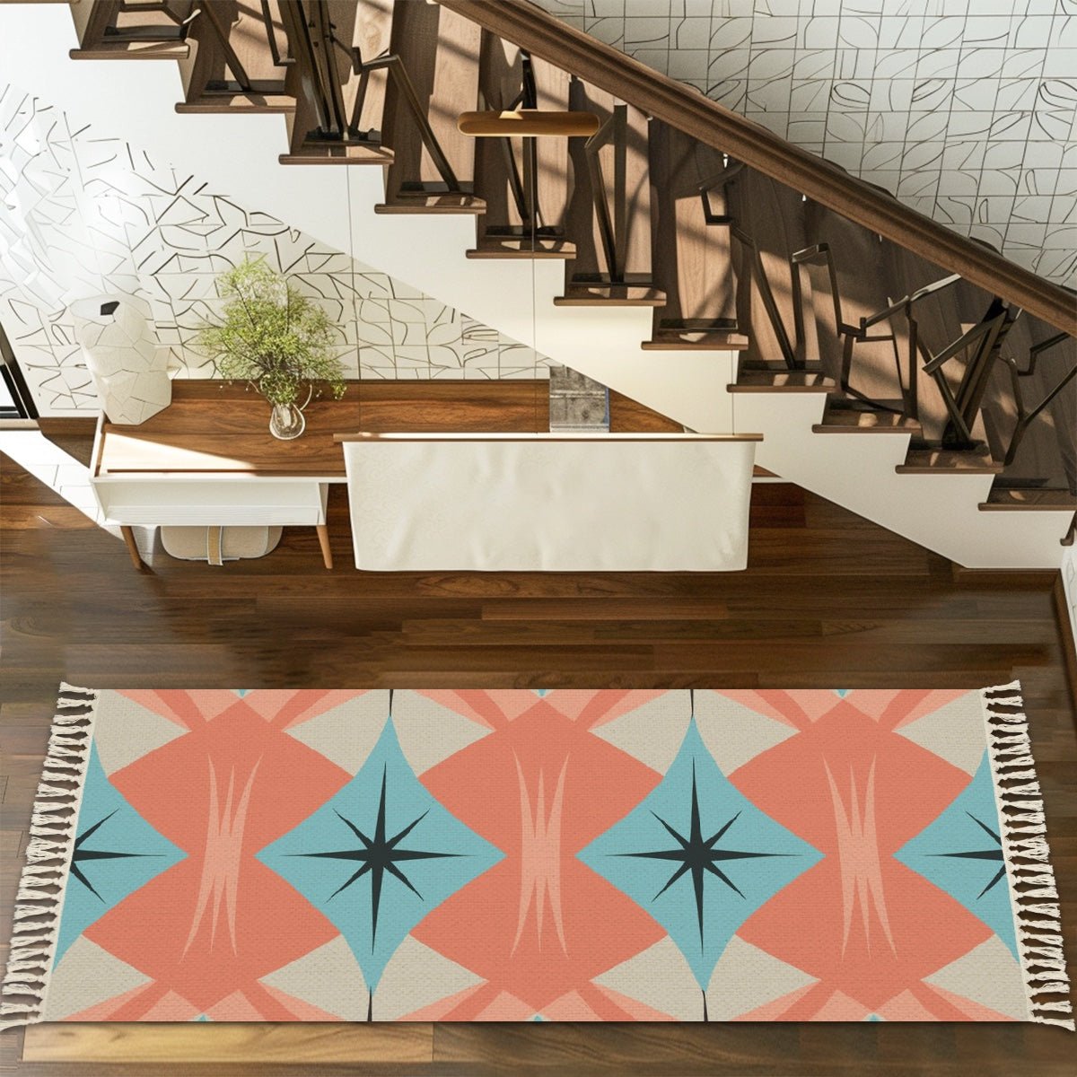 Kate McEnroe New York Mid Century Modern Retro Starburst Runner Rug, MCM Geometric Teal Coral Floor AccentRugsgguGYYFYIf