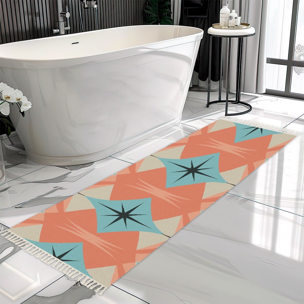 Kate McEnroe New York Mid Century Modern Retro Starburst Runner Rug, MCM Geometric Teal Coral Floor AccentRugsgguGYYFYIf