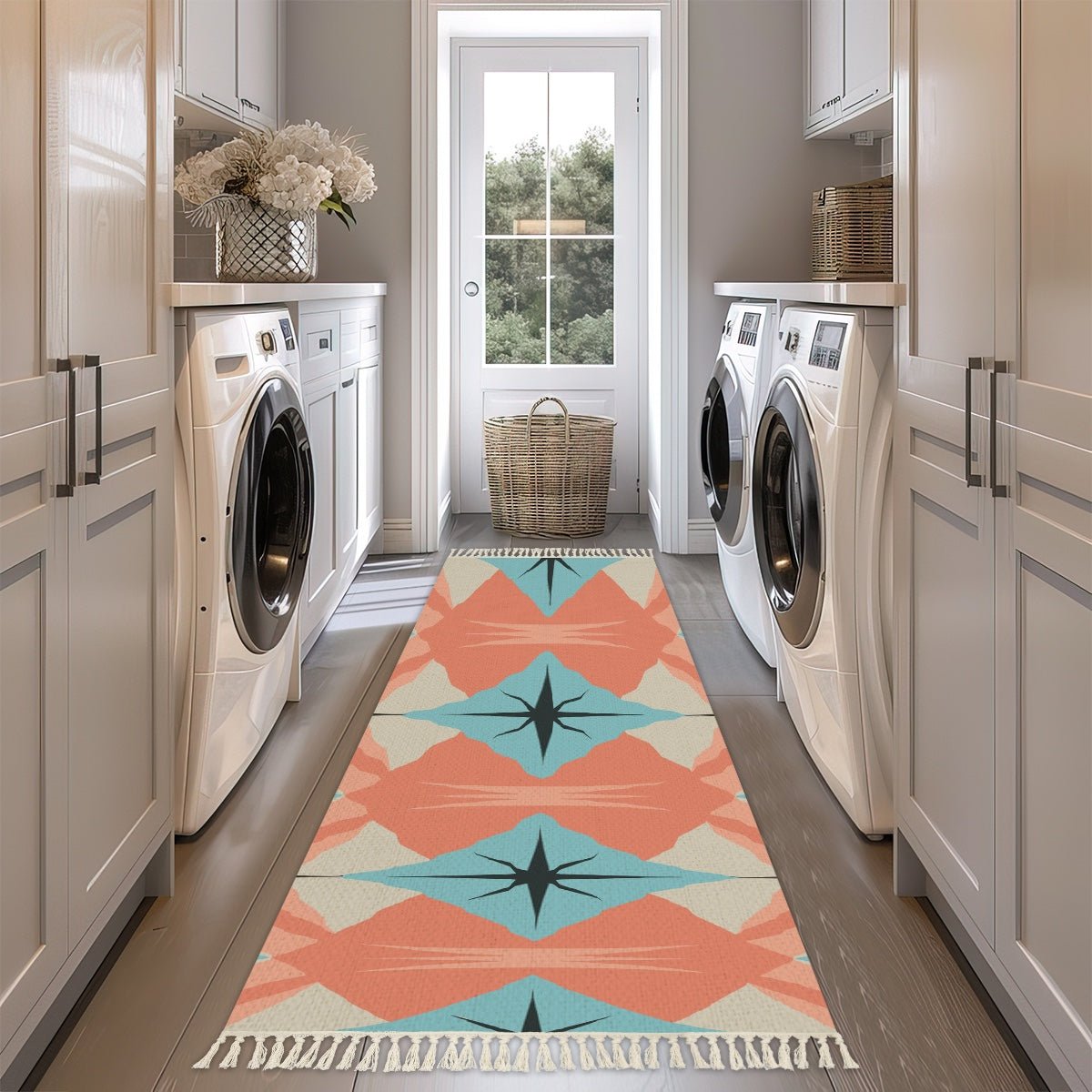 Kate McEnroe New York Mid Century Modern Retro Starburst Runner Rug, MCM Geometric Teal Coral Floor AccentRugsgguGYYFYIf