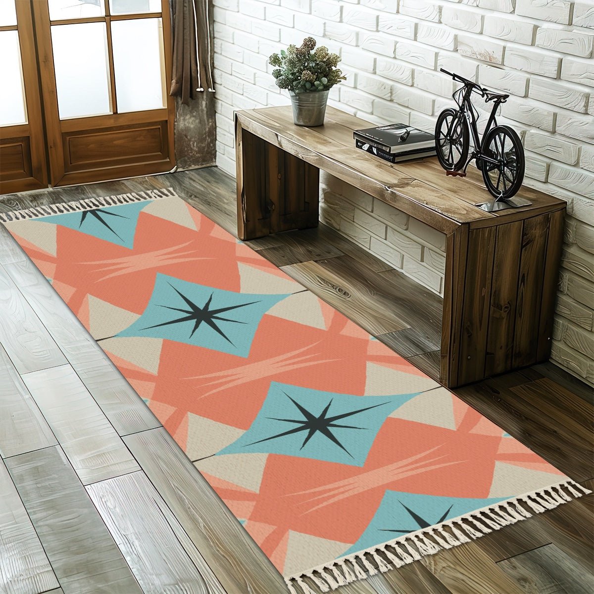 Kate McEnroe New York Mid Century Modern Retro Starburst Runner Rug, MCM Geometric Teal Coral Floor AccentRugsgguGYYFYIf