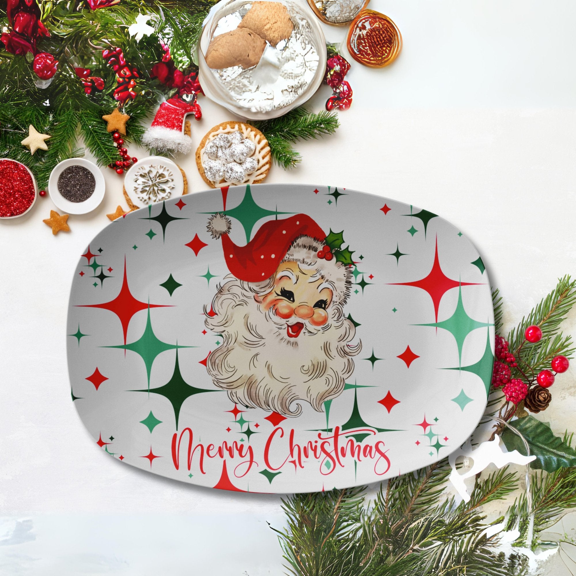 Kate McEnroe New York Mid Century Modern Retro Vintage Santa Atomic Starbursts Christmas PlatterServing Platters9727
