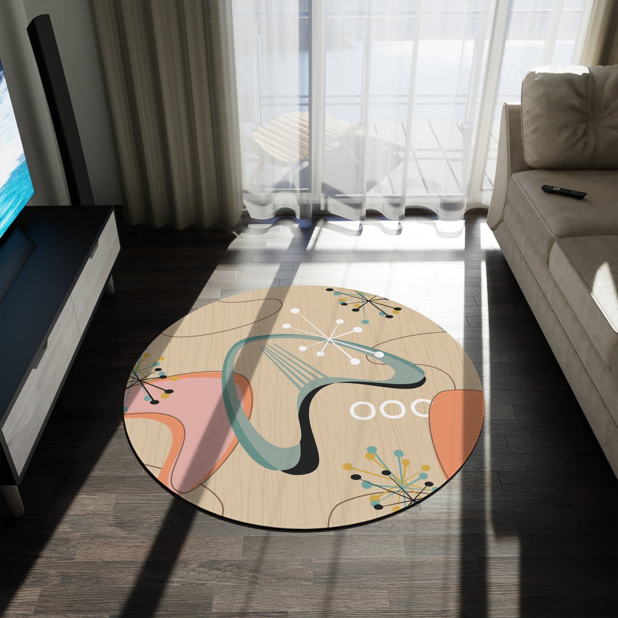 Kate McEnroe New York Mid Century Modern Round Rug, Retro Abstract Design Area Rug, MCM Teal Peach Home Decor, 50s Style Circular CarpetRugs19602633492536490083
