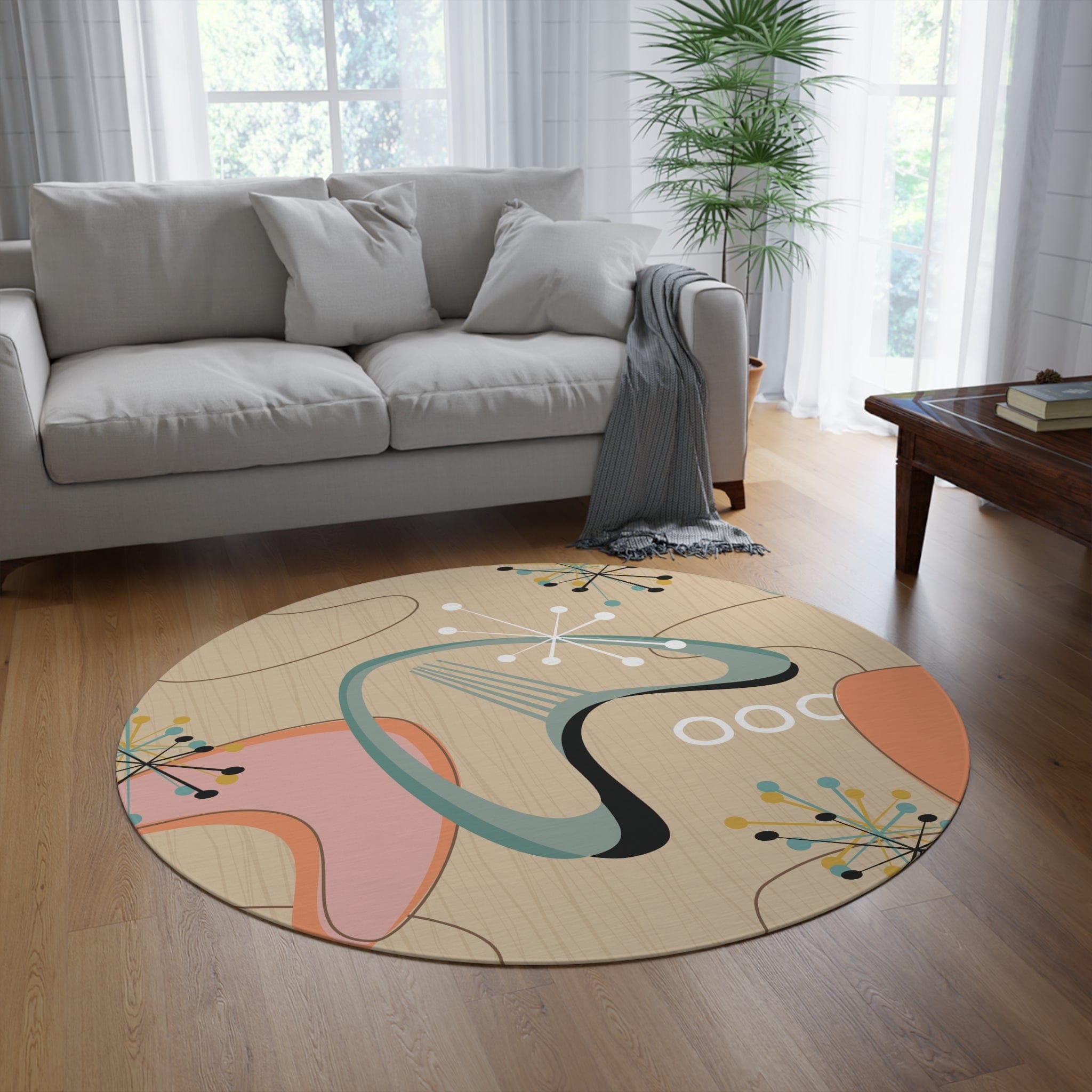 Kate McEnroe New York Mid Century Modern Round Rug, Retro Abstract Design Area Rug, MCM Teal Peach Home Decor, 50s Style Circular CarpetRugs19602633492536490083