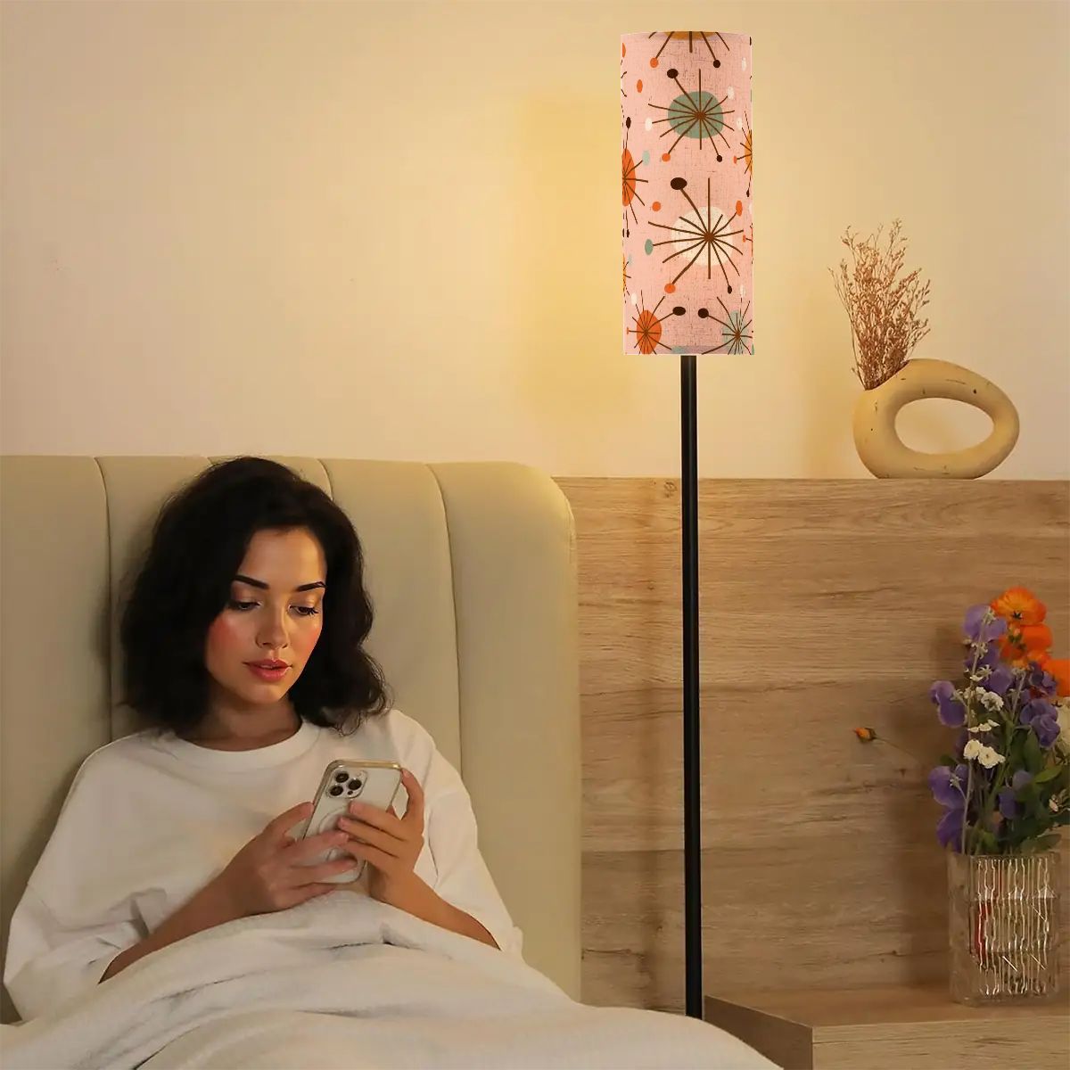 Kate McEnroe New York Mid Century Modern Slim Floor Lamp, Retro Pink Starburst LightingSlim Floor LampslxZxFalHax