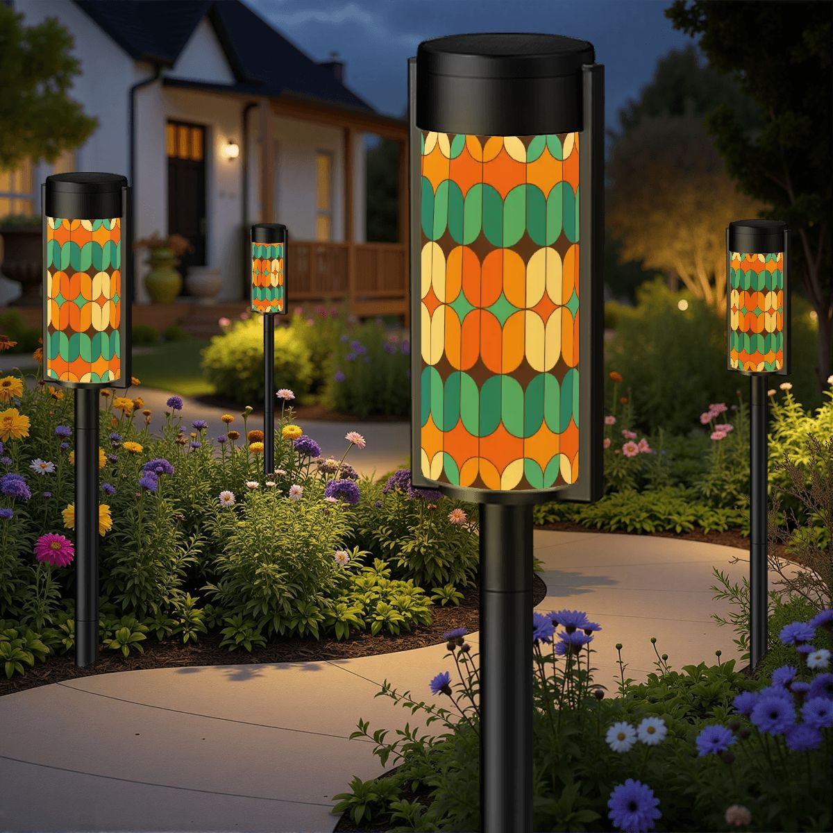 Kate McEnroe New York Mid Century Modern Solar Garden Light, Retro Teal Orange Mustard Outdoor AccentSolar Garden Stake LightsGEoEycxHxf