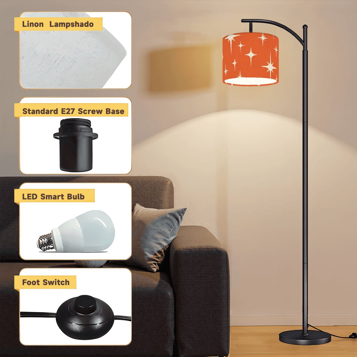 Kate McEnroe New York Mid Century Modern Starburst Arc Floor Lamp, Retro Orange Atomic Accent LightingArc Floor Lampsj9FPpQf71F