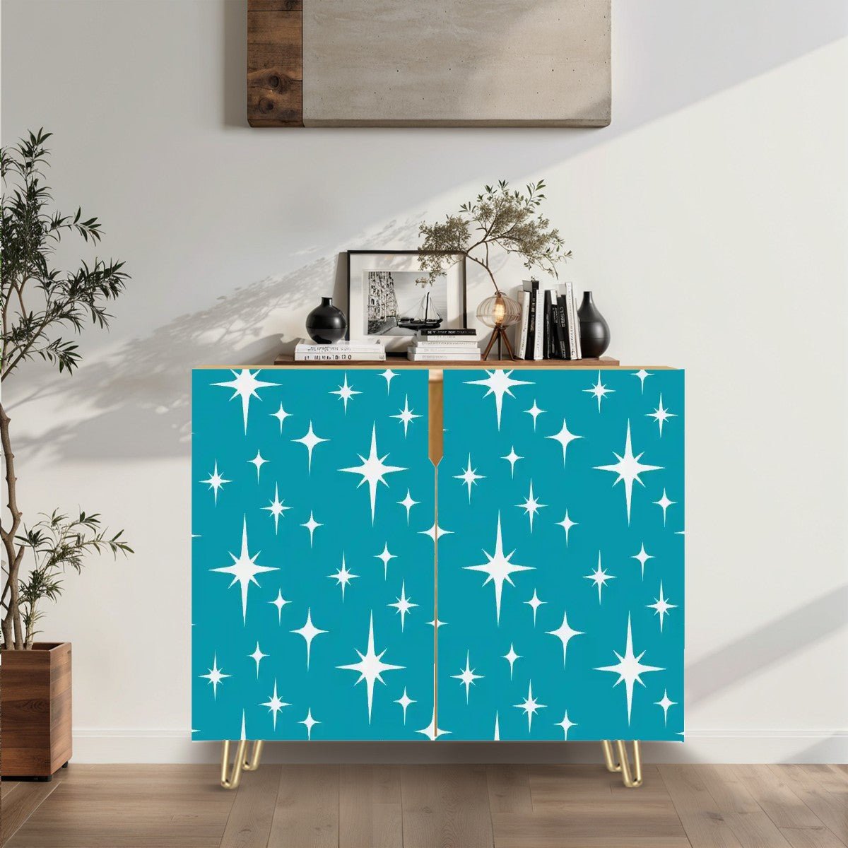 Kate McEnroe New York Mid Century Modern Starburst Credenza, Retro 50s Storage Cabinet in Teal, MCM Accent FurnitureStorage CabinetsnRDR9nt3uS