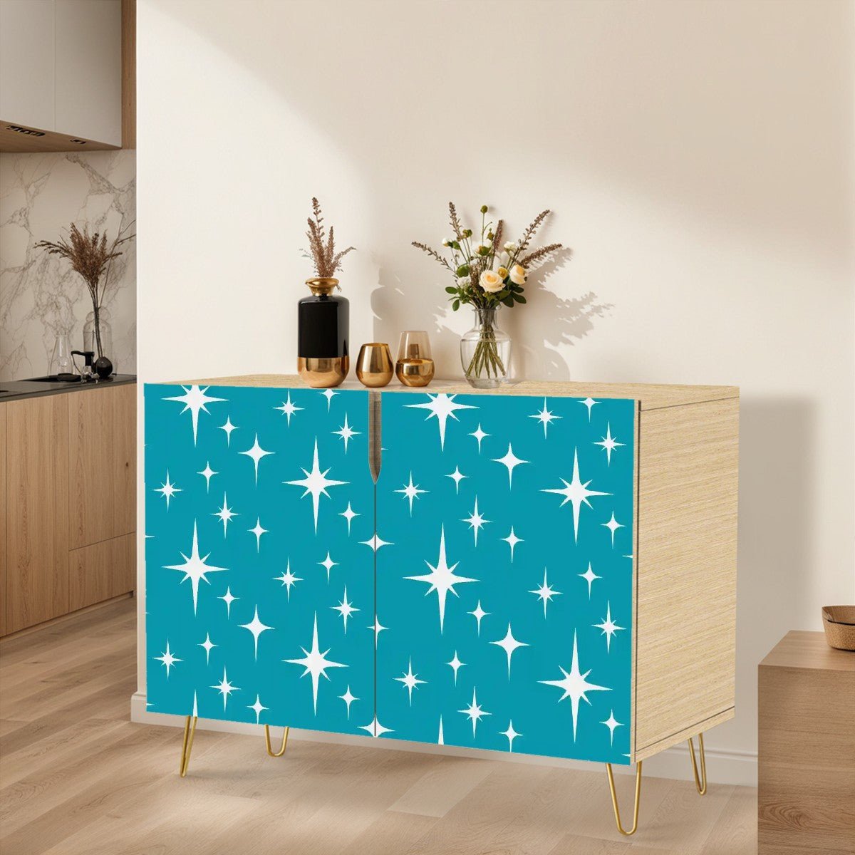 Kate McEnroe New York Mid Century Modern Starburst Credenza, Retro 50s Storage Cabinet in Teal, MCM Accent FurnitureStorage CabinetsnRDR9nt3uS