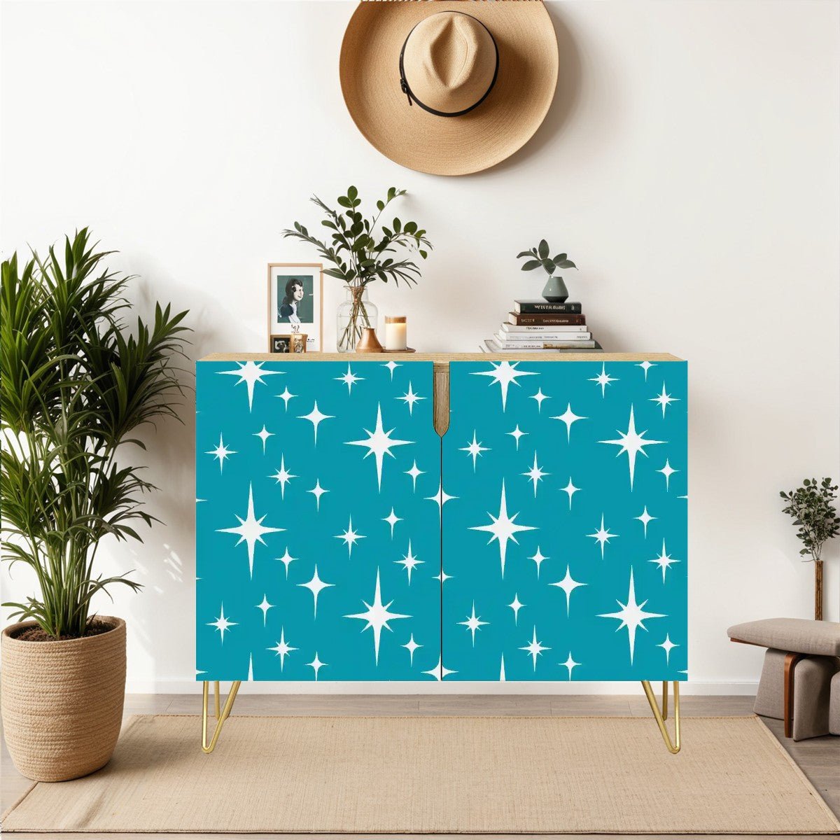 Kate McEnroe New York Mid Century Modern Starburst Credenza, Retro 50s Storage Cabinet in Teal, MCM Accent FurnitureStorage CabinetsnRDR9nt3uS