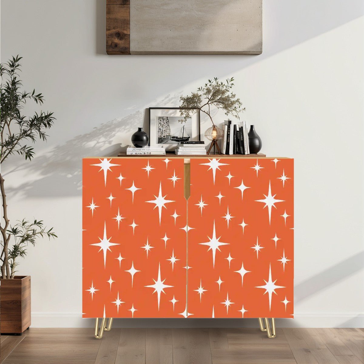 Kate McEnroe New York Mid Century Modern Starburst Credenza, Retro Orange 50s Storage Cabinet, MCM Space Age Accent FurnitureStorage CabinetsLxrkiSba3A