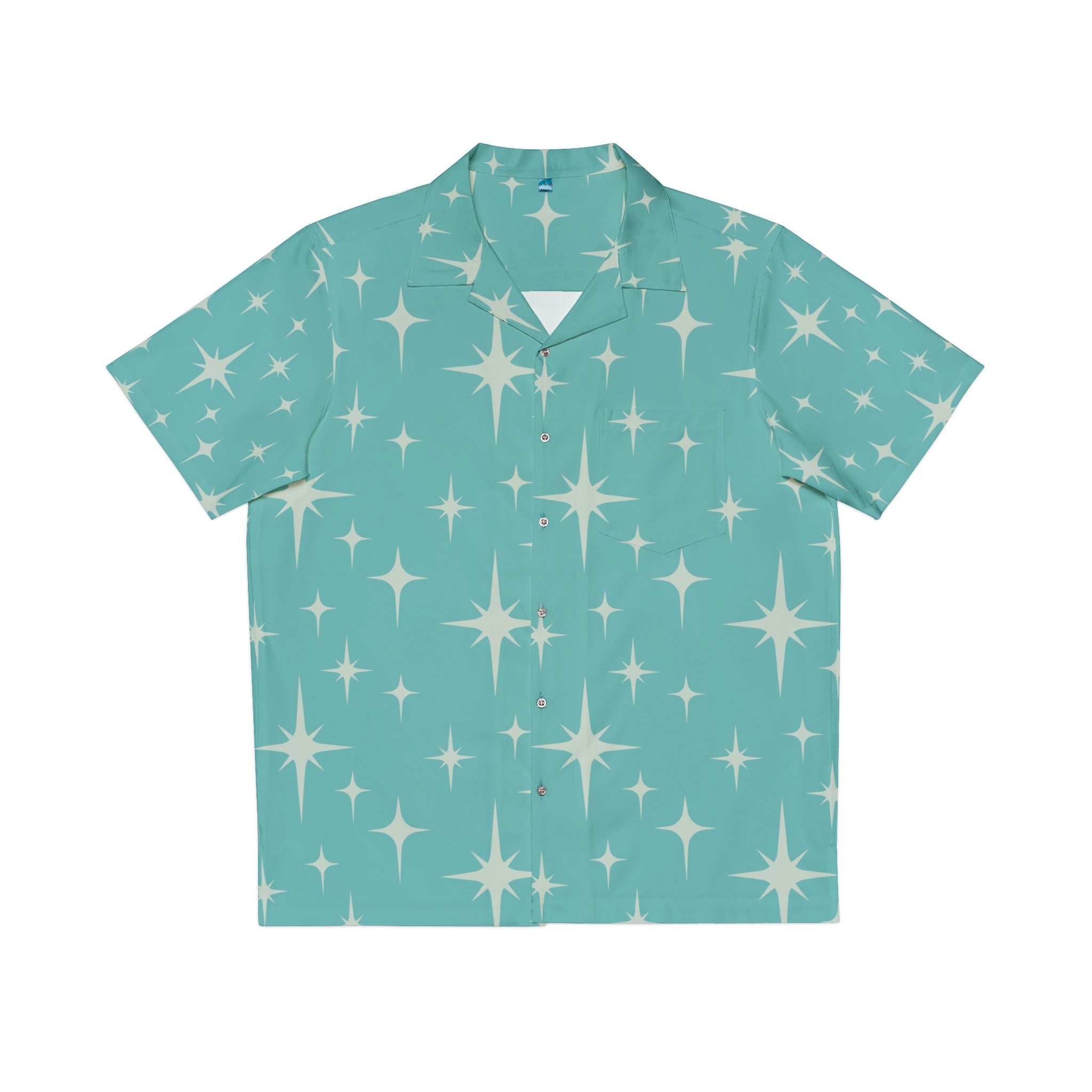 Kate McEnroe New York Mid Century Modern Starburst Hawaiian Shirt, Retro 50s Lounge Wear, MCM Teal Men&