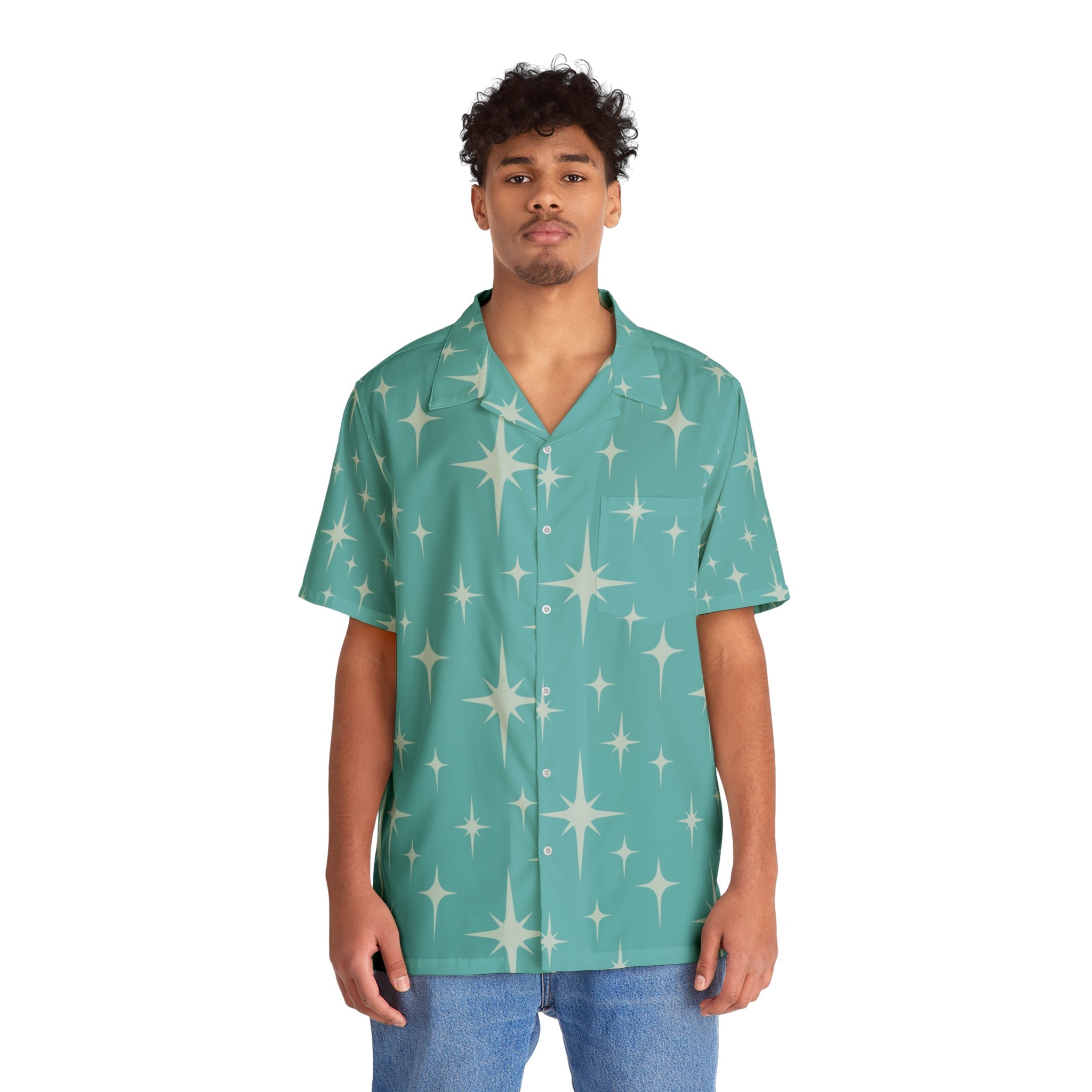 Kate McEnroe New York Mid Century Modern Starburst Hawaiian Shirt, Retro 50s Lounge Wear, MCM Teal Men&