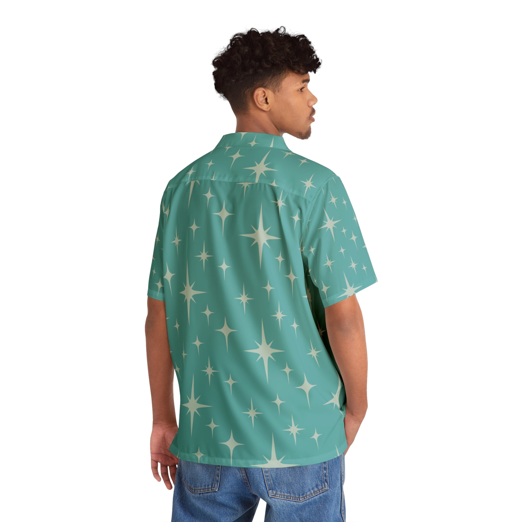 Kate McEnroe New York Mid Century Modern Starburst Hawaiian Shirt, Retro 50s Lounge Wear, MCM Teal Men&