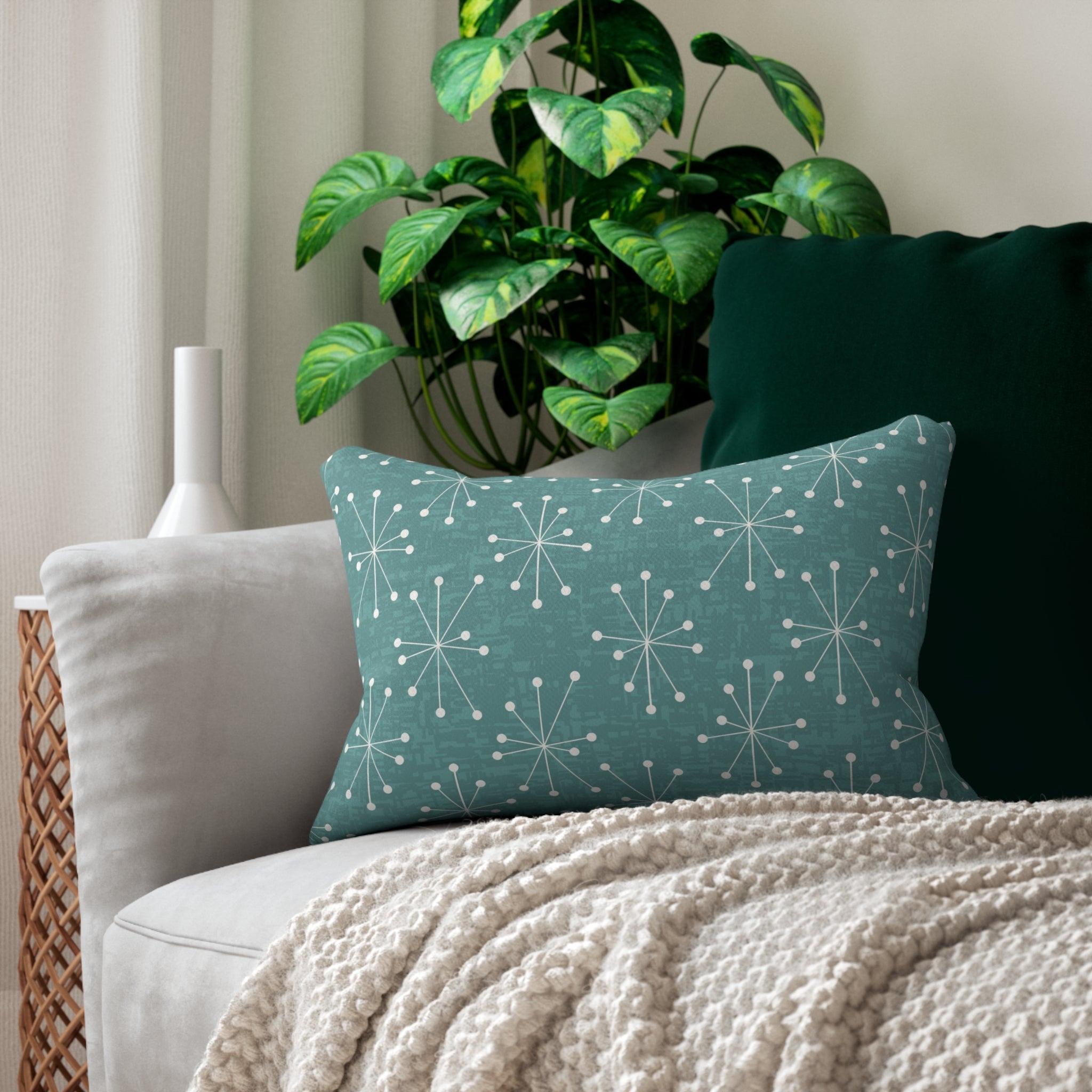 Kate McEnroe New York Mid Century Modern Starburst Lumbar Pillow, Retro Teal Accent Cushion, Atomic Era Home DecorLumbar Pillows29944900631783871241