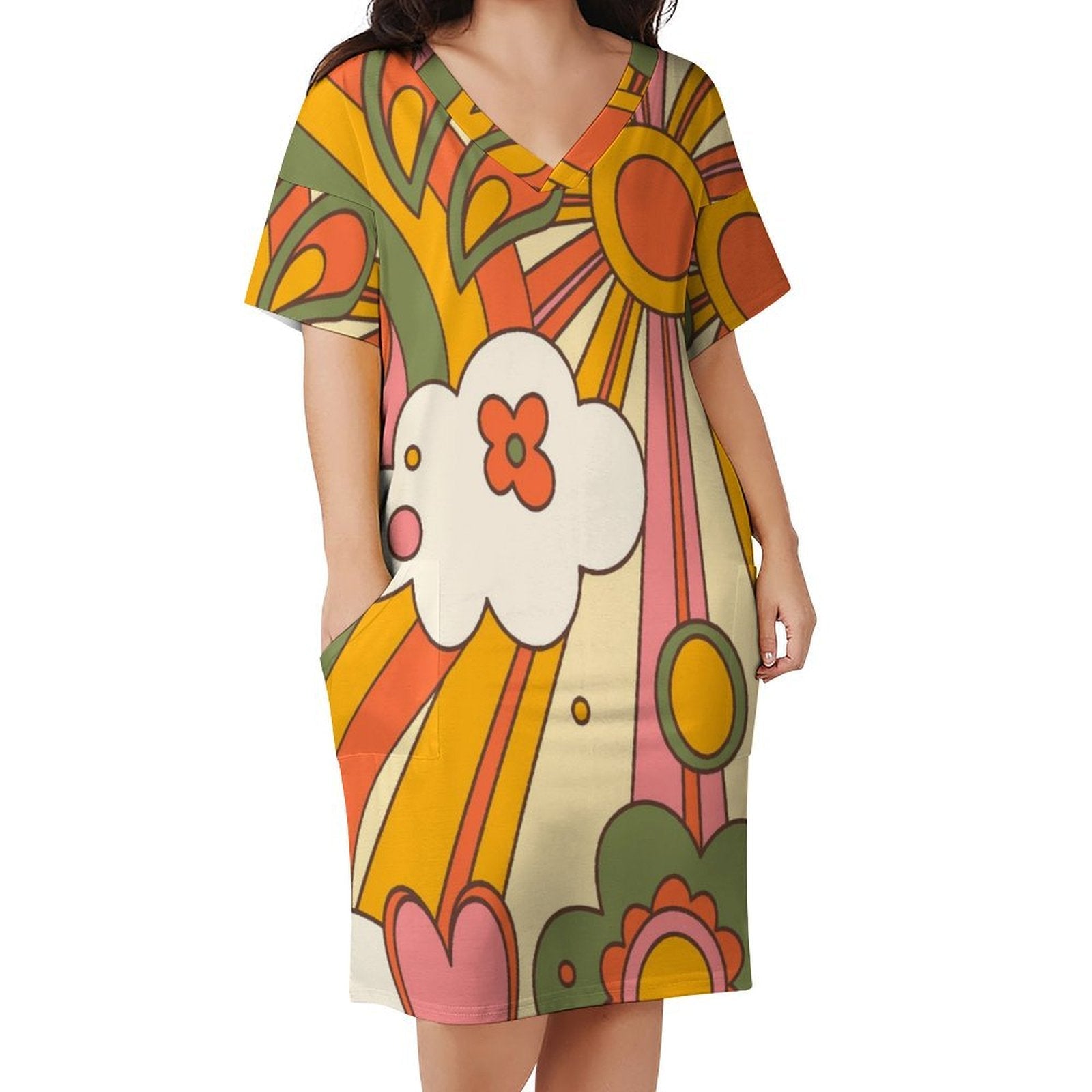 Kate McEnroe New York Mid Century Modern Sunshine 70s Retro Groovy Flower Power Pocket DressDressesD3002631