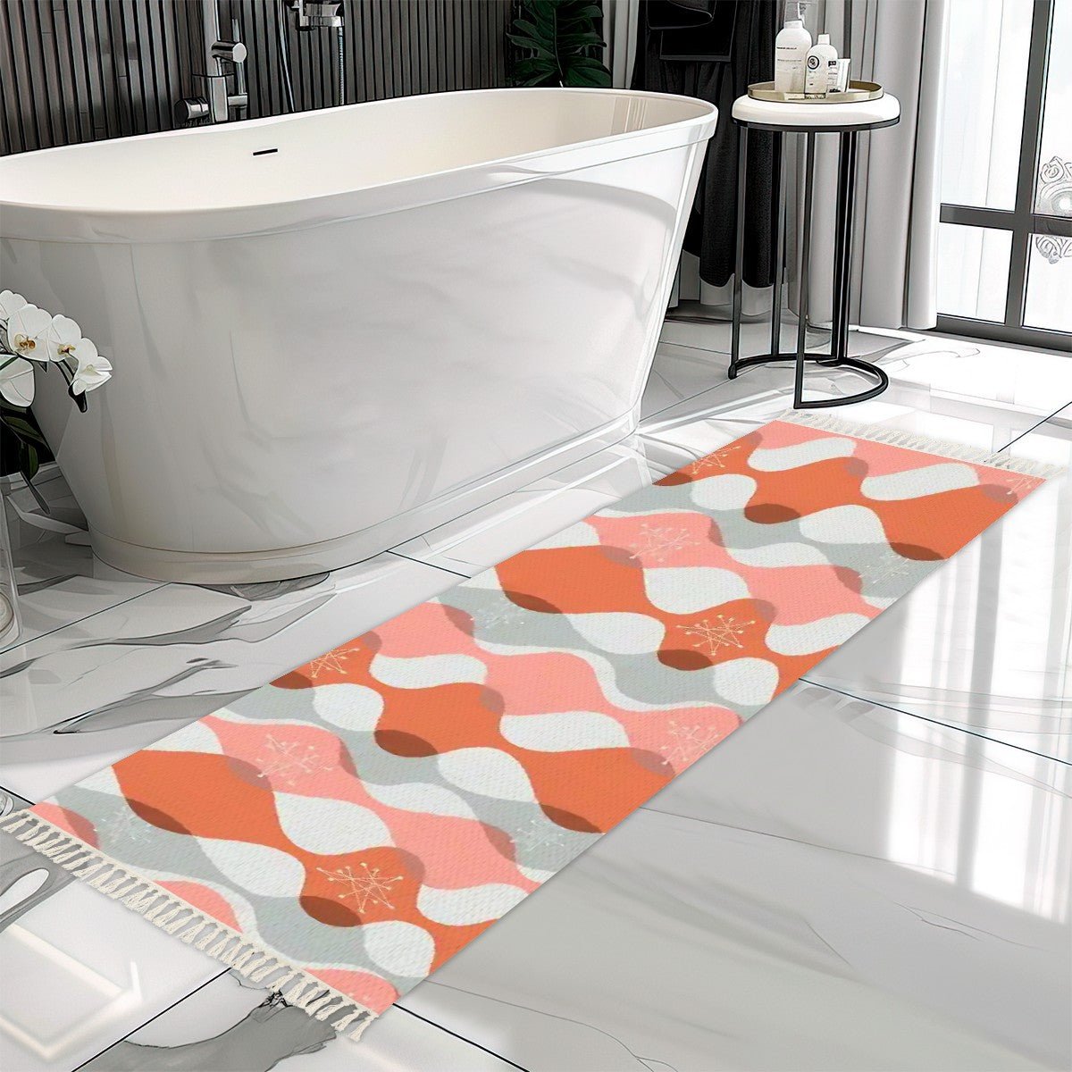 Kate McEnroe New York Mid Century Modern Tassel Runner Rug, Retro Orange Pink Abstract Pattern, MCM Hallway AccentRugs & MatsFA68EdQ68Y