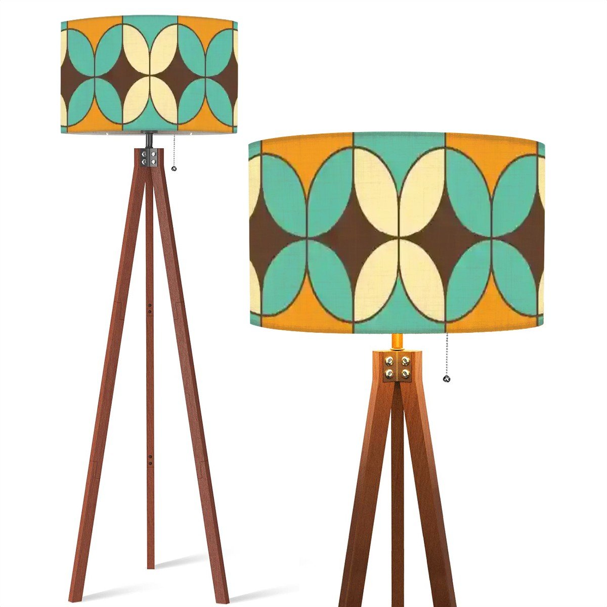 Kate McEnroe New York Mid Century Modern Tripod Floor Lamp, Retro Geometric Linen Drum Shade in Orange and Aqua, MCM Home Accent LightingFloor LampsPztvuWxMgP