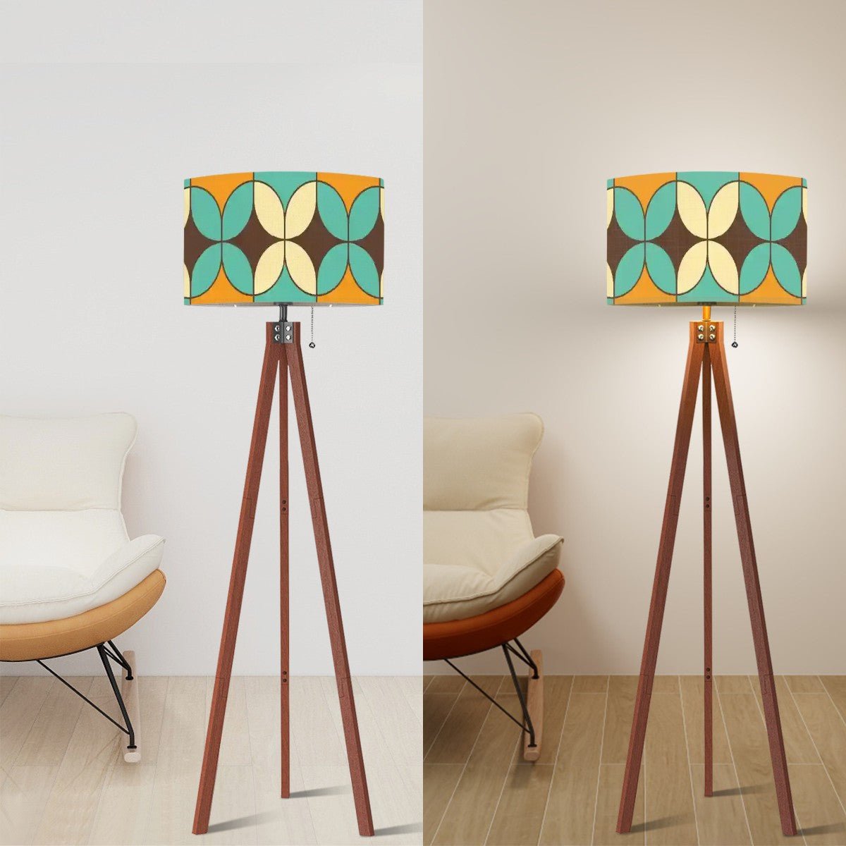 Kate McEnroe New York Mid Century Modern Tripod Floor Lamp, Retro Geometric Linen Drum Shade in Orange and Aqua, MCM Home Accent LightingFloor LampsPztvuWxMgP