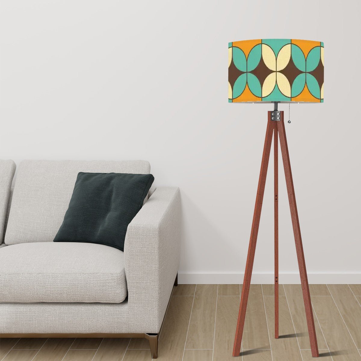 Kate McEnroe New York Mid Century Modern Tripod Floor Lamp, Retro Geometric Linen Drum Shade in Orange and Aqua, MCM Home Accent LightingFloor LampsPztvuWxMgP