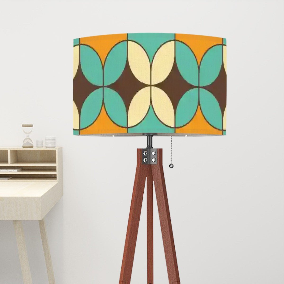 Kate McEnroe New York Mid Century Modern Tripod Floor Lamp, Retro Geometric Linen Drum Shade in Orange and Aqua, MCM Home Accent LightingFloor LampsPztvuWxMgP
