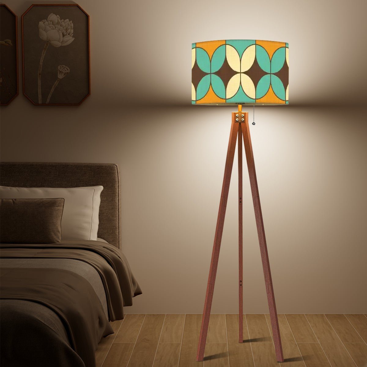 Kate McEnroe New York Mid Century Modern Tripod Floor Lamp, Retro Geometric Linen Drum Shade in Orange and Aqua, MCM Home Accent LightingFloor LampsPztvuWxMgP