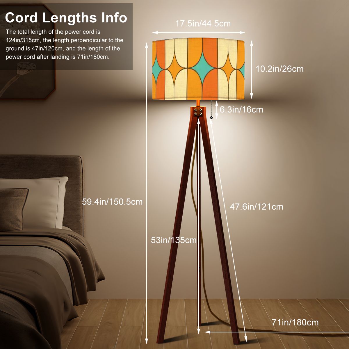 Kate McEnroe New York Mid Century Modern Tripod Floor Lamp, Retro Orange Teal Geometric LightingFloor LampsCyCjATXQZI