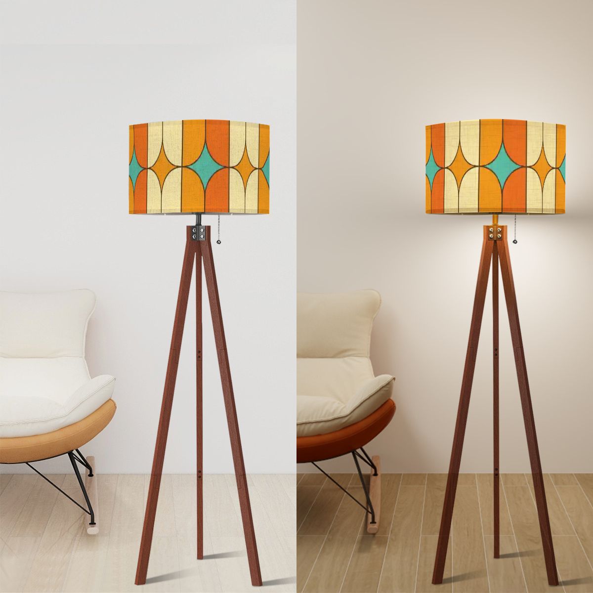 Kate McEnroe New York Mid Century Modern Tripod Floor Lamp, Retro Orange Teal Geometric LightingFloor LampsCyCjATXQZI