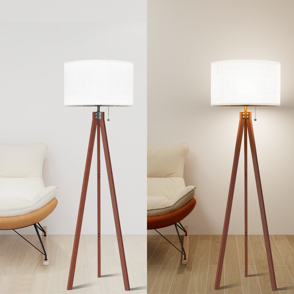 Kate McEnroe New York Mid Century Modern Tripod Floor Lamp, Retro Wood Base, Minimalist Linen Drum Shade LightingFloor LampsQx1CFLtEs6