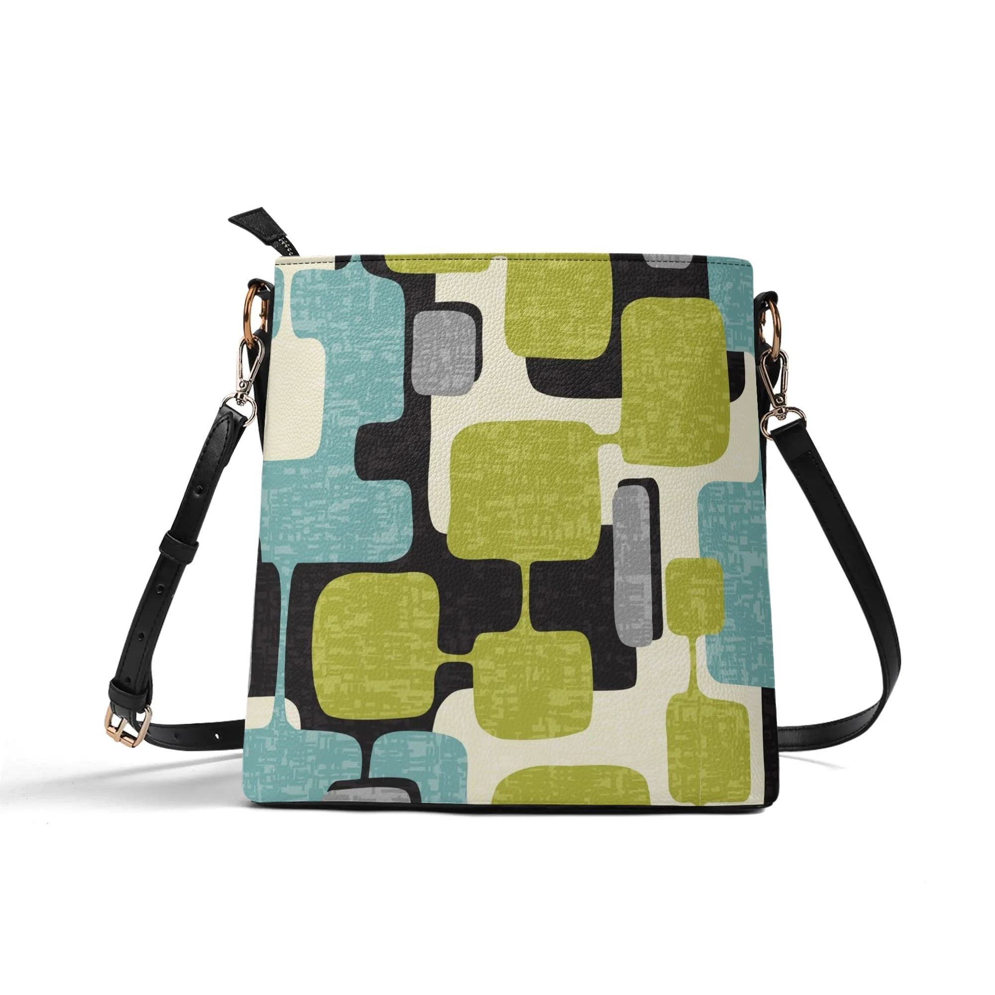 Kate McEnroe New York Mid Mod Atomic Cat Abstract Block Bucket Bag, Retro Teal, Lime Green, Gray MCM Geometric Handbag, Vintage 60s Style PurseHandbagsN9RMPQDW - 1